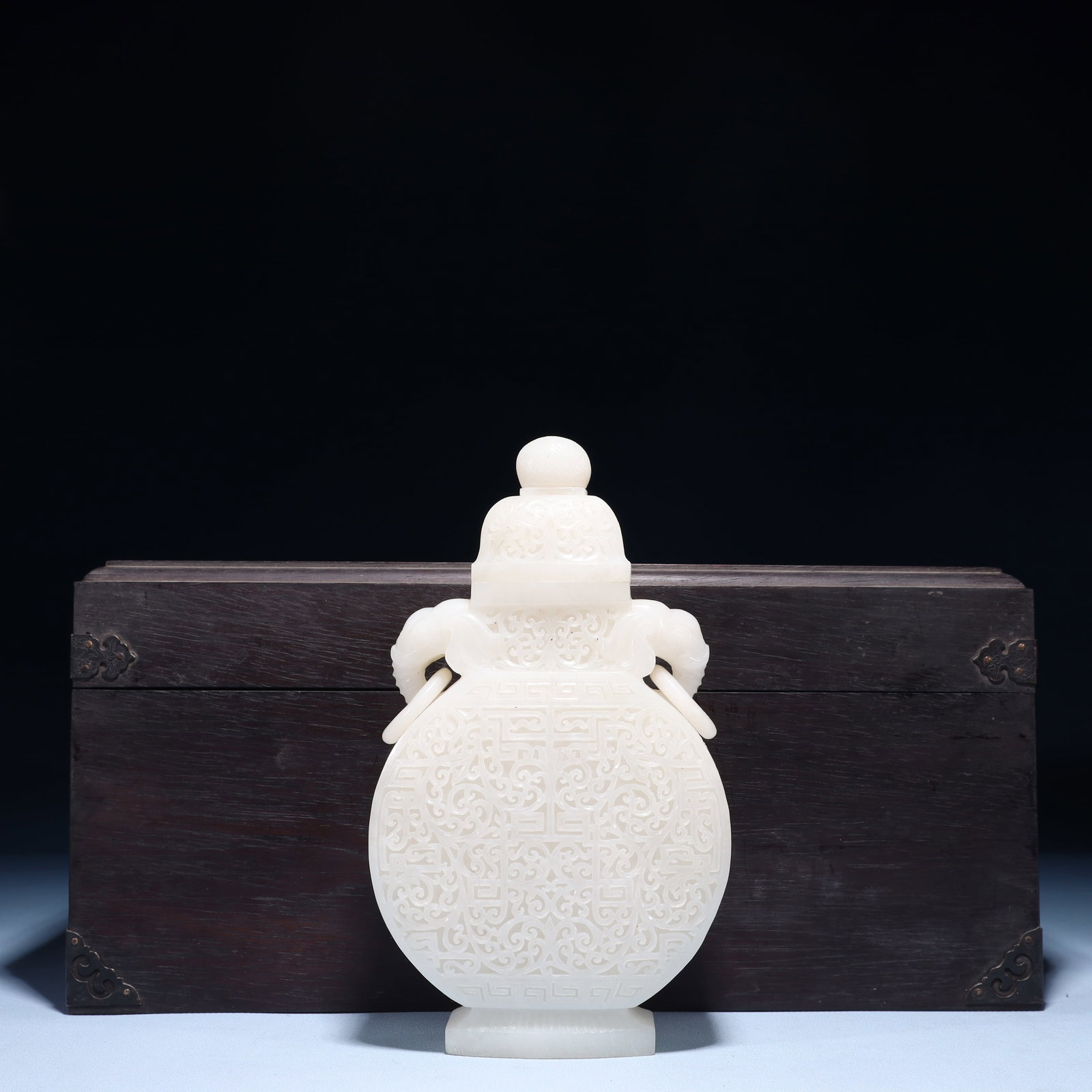 An Exquisite White Jade Lotus Pattern Elephant-Ears Bottle (1 of 9)