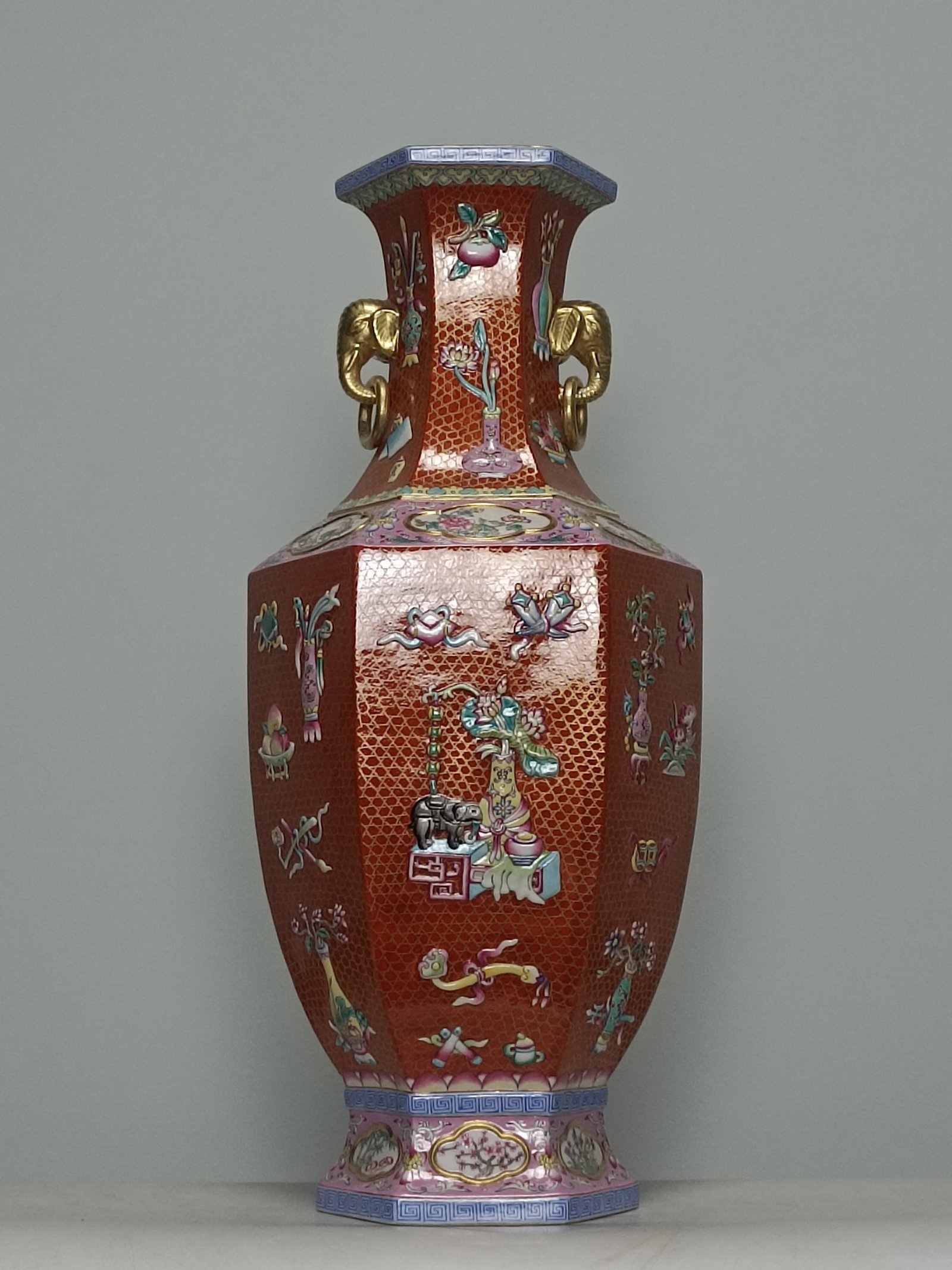 A Huge Enamel Iron-Red Painted Gold Eight Treasures Pattern Elephant-Ears Vase: A Huge Enamel Iron-Red Painted Gold Eight Treasures Pattern Elephant-Ears Vase,Qing Dynasty,China,Qianlong Four-character Mark,Size:21.9inx9.6in
