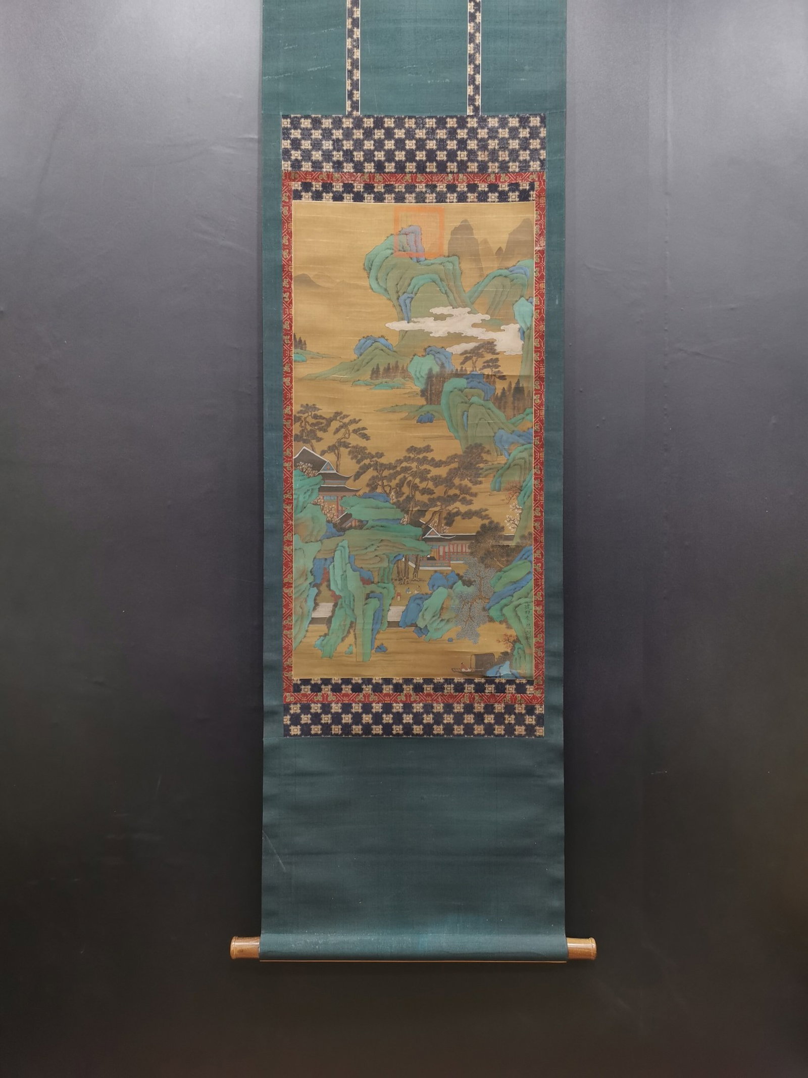 A Chinese Vertical Scroll Ink Painting of Landscape on Silk: A Chinese Vertical Scroll Ink Painting of Landscape on Silk,Li Sixun,Size:31.5inx16.1in 一幅中国水墨绢本山水画立轴,李