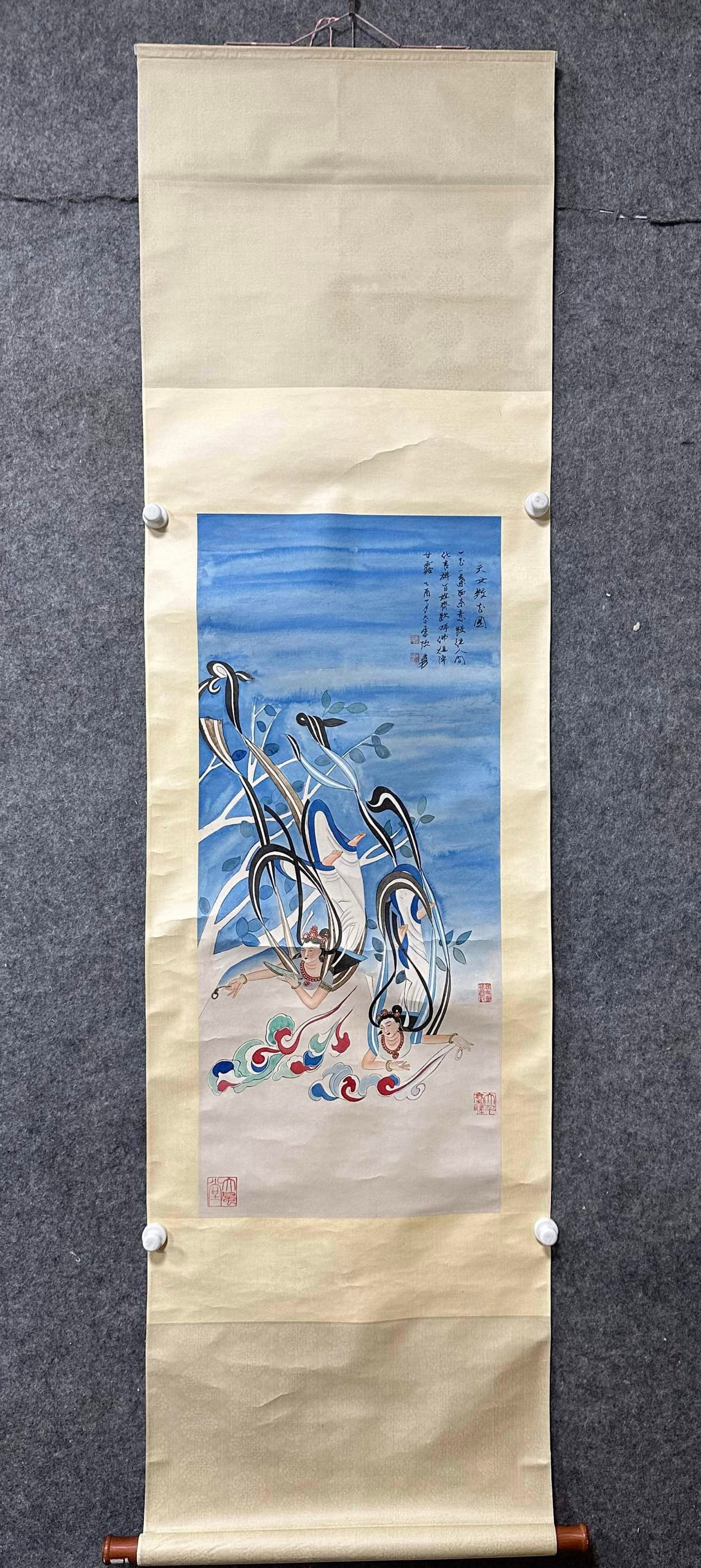A Chinese Vertical Scroll Ink Painting of Character and Story on Paper: A Chinese Vertical Scroll Ink Painting of Character and Story on Paper,Zhang Daqian,Size:16.7inx38.2in 一幅中国水墨人物故事画立&