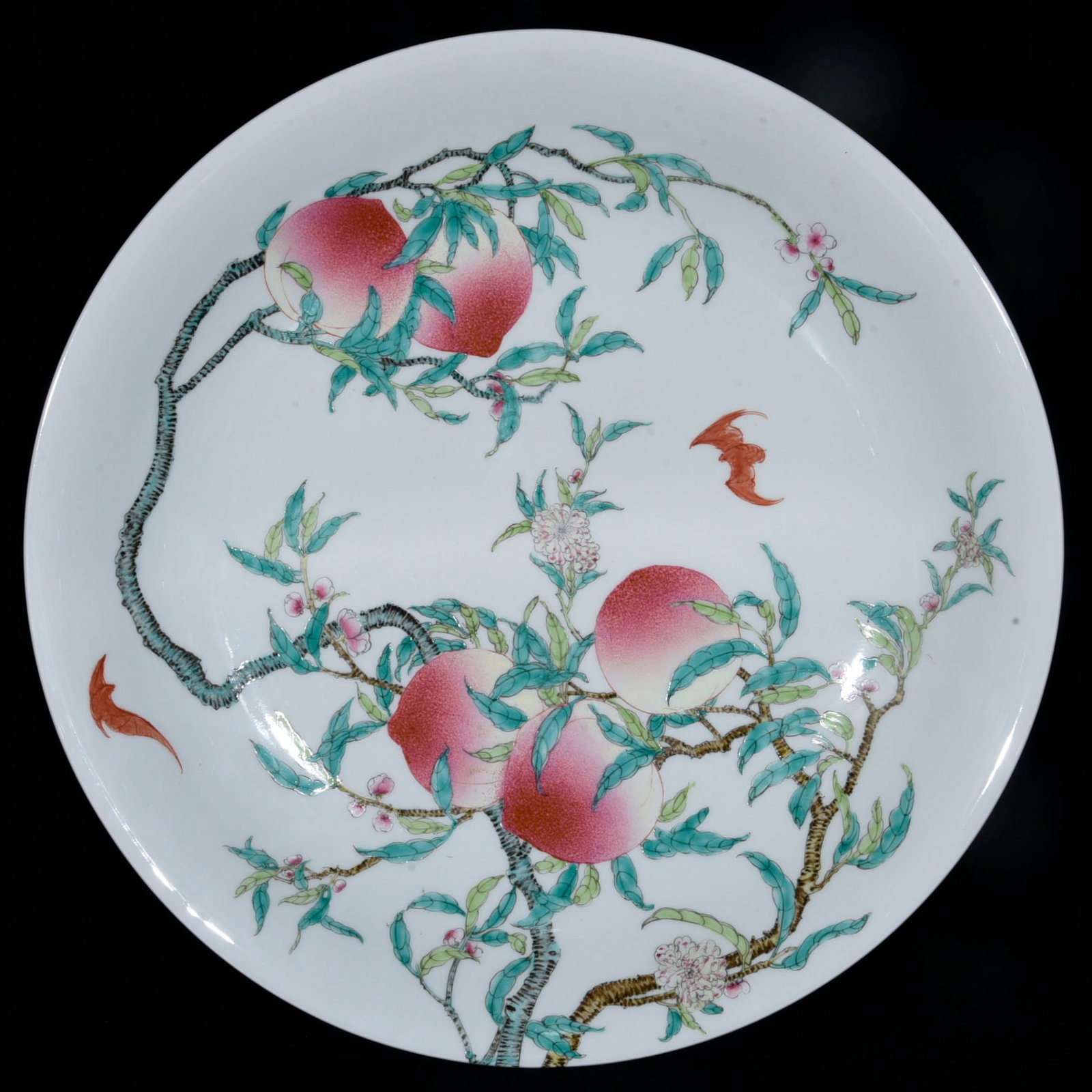 An Exquisite Famille-Rose Bats and Peach Pattern Plate: An Exquisite Famille-Rose Bats and Peach Pattern Plate,Qing Dynasty,China,Qianlong Six-character Mark,Size:3.5inx20.1in 粉彩福寿纹盘子中国清