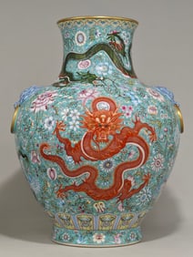 A Huge Famille-Rose Lotus and Dragon Pattern Double-Ears Vase