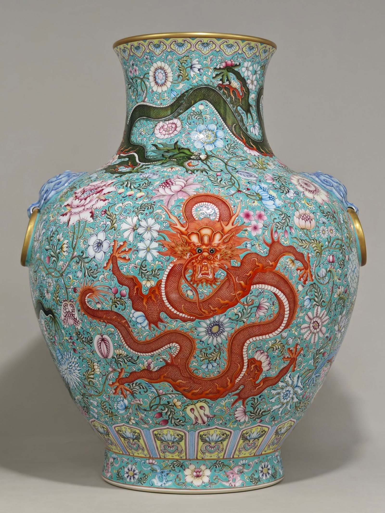 A Huge Famille-Rose Lotus and Dragon Pattern Double-Ears Vase: A Huge Famille-Rose Lotus and Dragon Pattern Double-Ears Vase,Qing Dynasty,China,Qianlong Six-character Mark,Size:20.1inx15.4in 粉彩缠枝莲龙纹双耳
