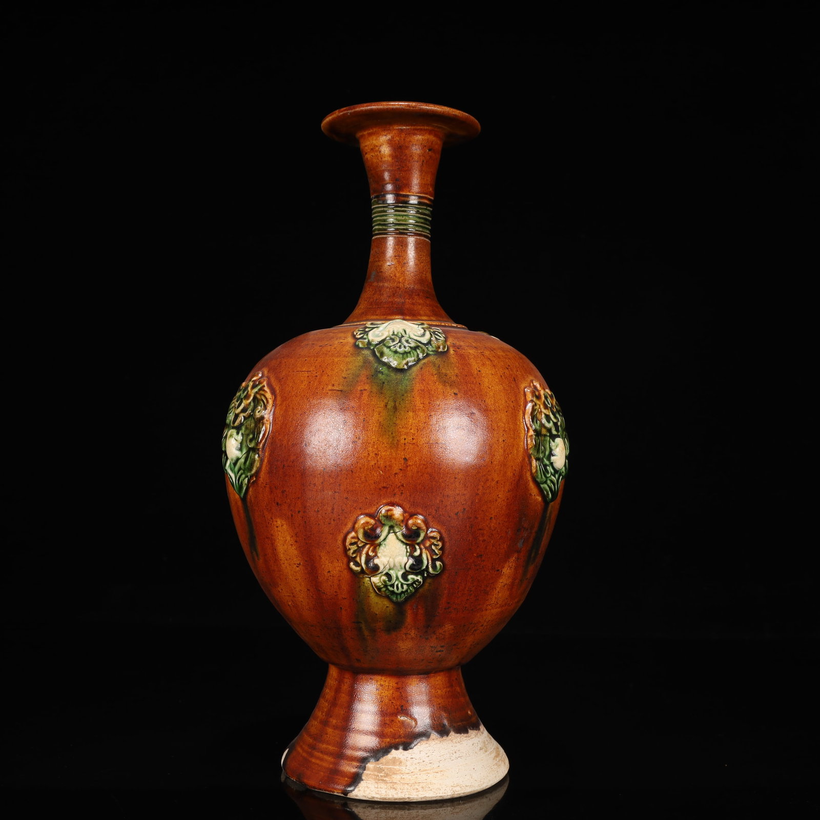 A Rare Tang Tri-Color Glazed Pottery Flower Pattern Vase: A Rare Tang Tri-Color Glazed Pottery Flower Pattern Vase,Tang Dynasty, China,Size:6.3inx6.3inx12.2in,Weight:1550g