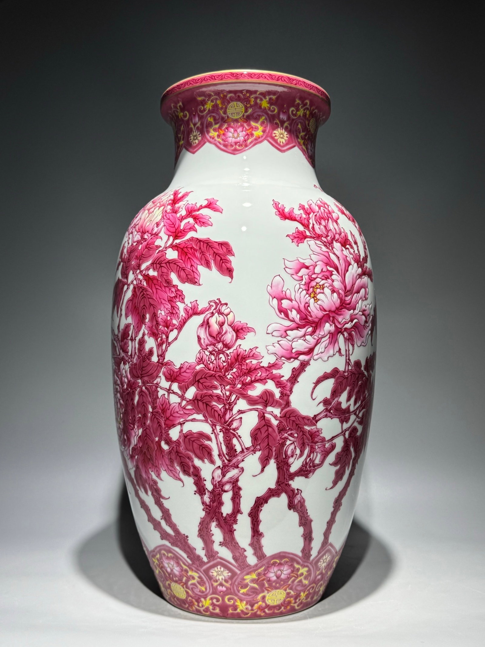 A Huge Ruby red-Glazed Peony Pattern Vase,with poem - 7