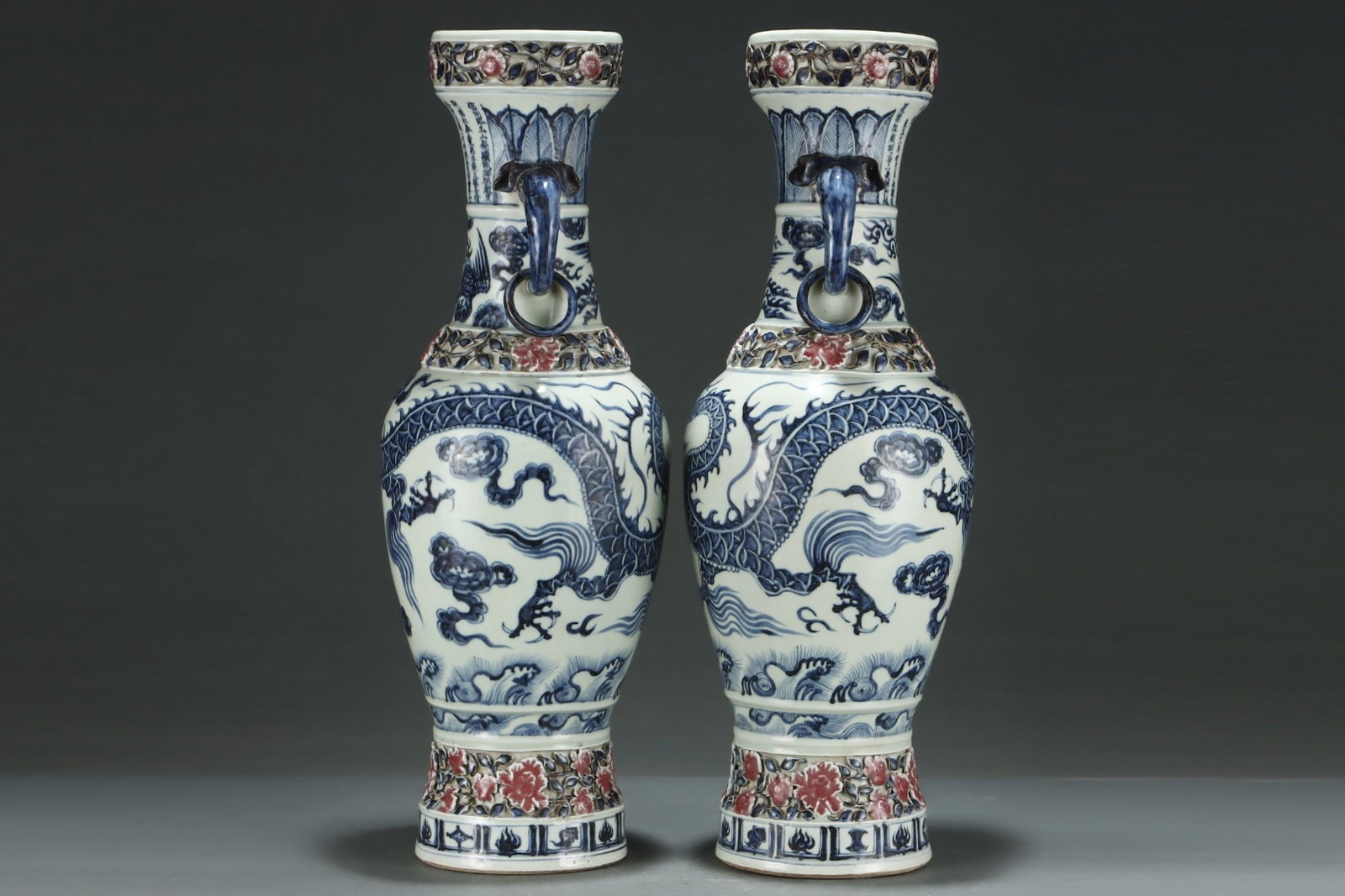 A Pair of Huge Blue and White Underglaze-Red Dragon and Phoenix Pattern Elephant-Ears Vases,with - 2