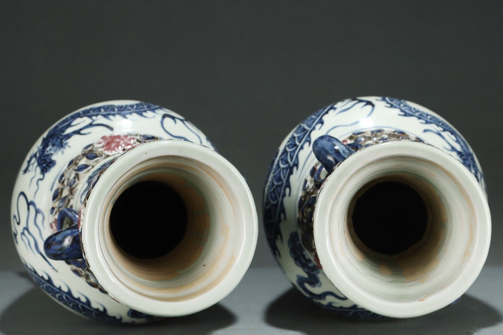A Pair of Huge Blue and White Underglaze-Red Dragon and Phoenix Pattern Elephant-Ears Vases,with - 4