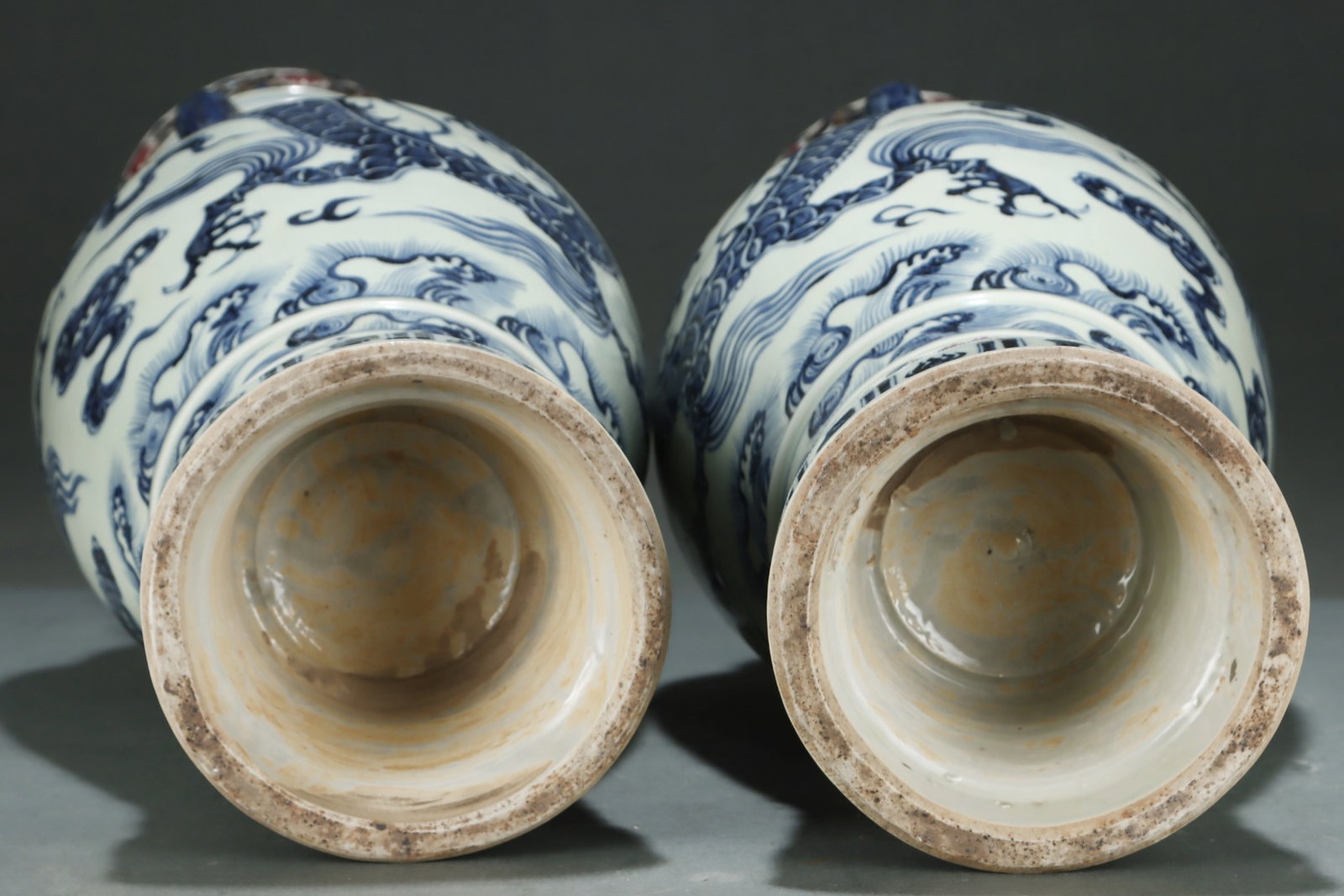 A Pair of Huge Blue and White Underglaze-Red Dragon and Phoenix Pattern Elephant-Ears Vases,with - 5