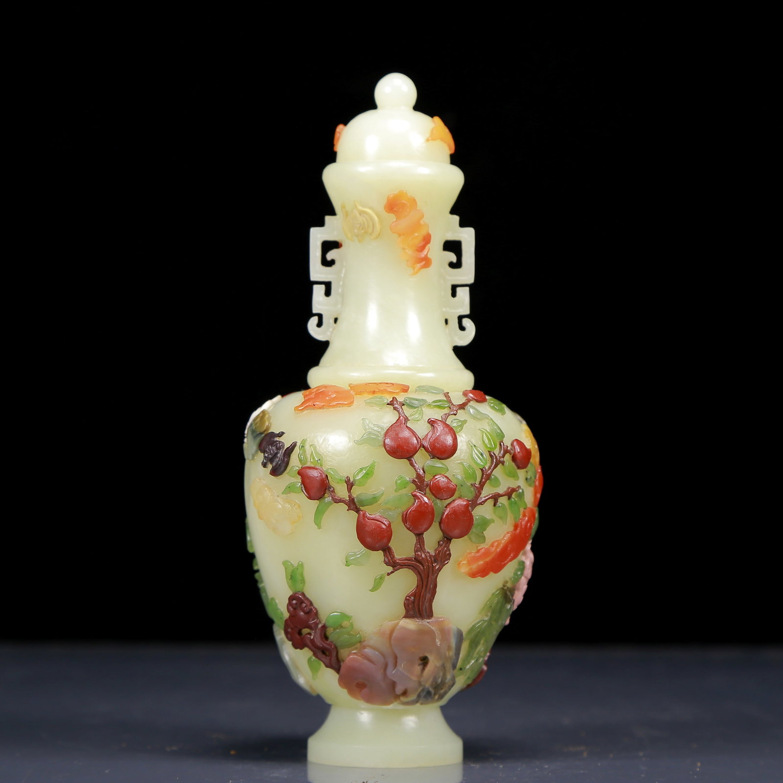 An Exquisite Greenish Jade Inlaid Gems Bats and Peach Pattern Bottle (1 of 10)