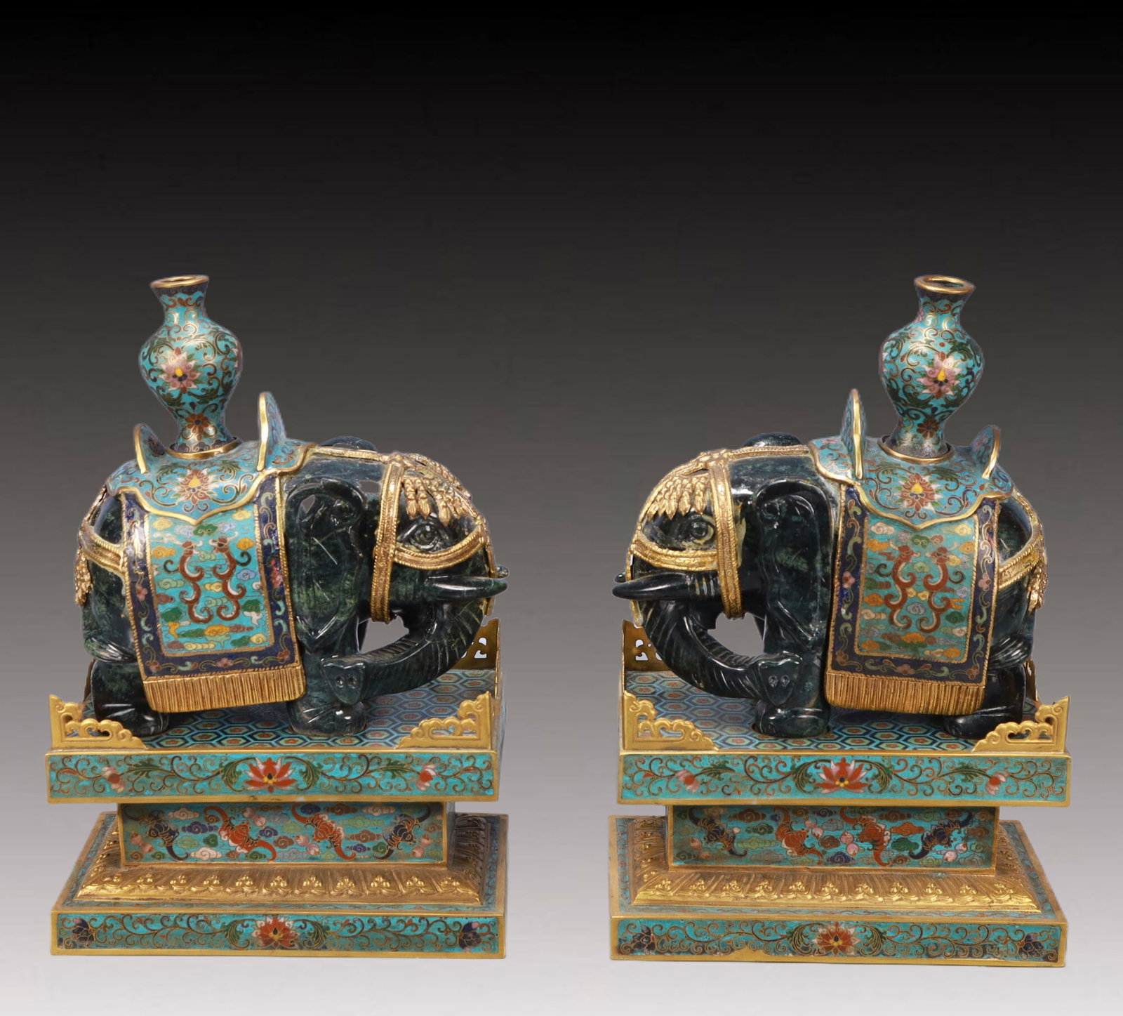 A Pair of Rare Cloisonne Inlaid Jasper Elephant Ornaments: A Pair of Rare Cloisonne Inlaid Jasper Elephant Ornaments,Qing Dynasty,China,Qianlong Four-character Mark,Size:8.3inx4.3inx12.2in,Total Weight:10400g