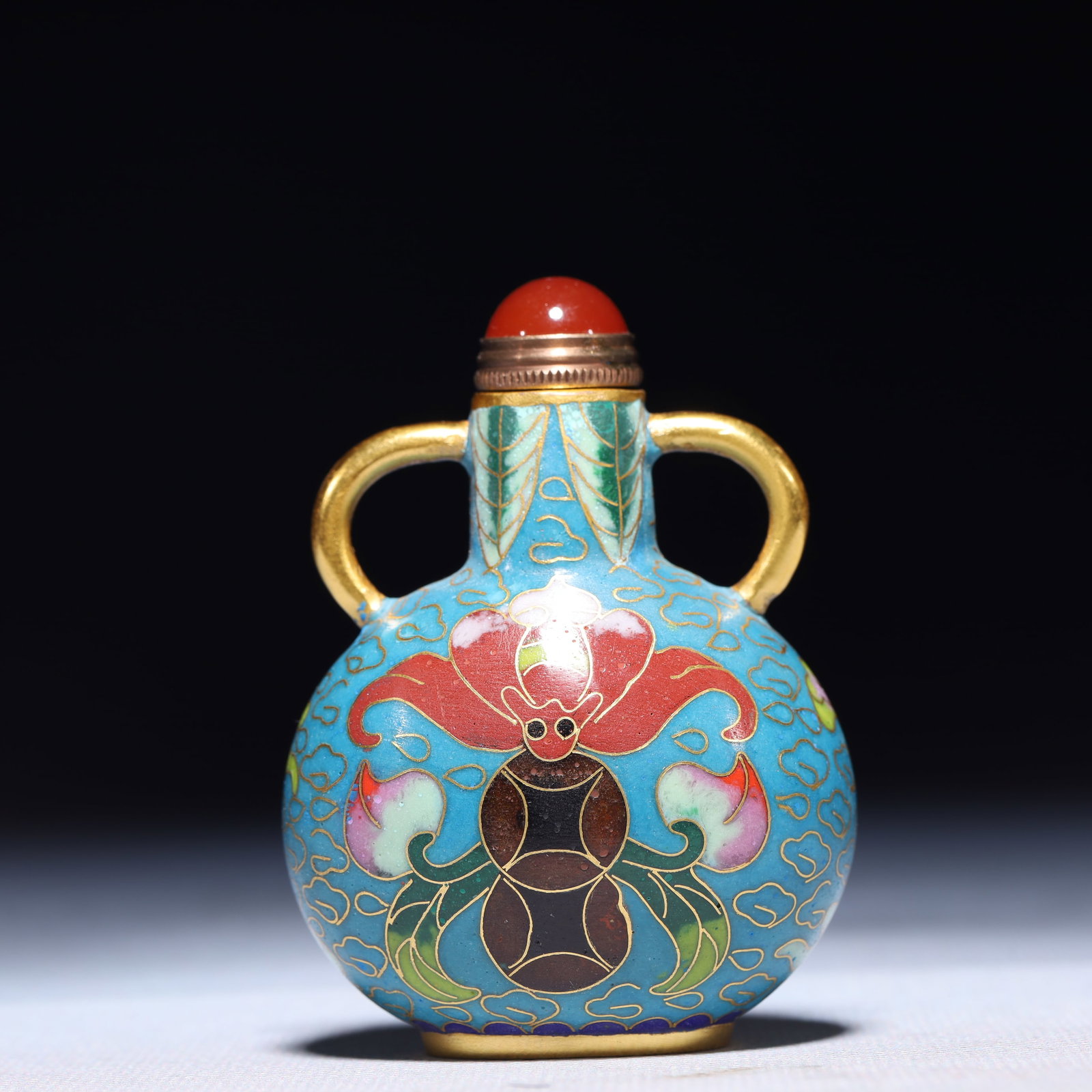 An Exquisite Cloisonne Bats and Peach Pattern Double-Ears Snuff Bottle: An Exquisite Cloisonne Bats and Peach Pattern Double-Ears Snuff Bottle,Qing Dynasty,China,Qianlong Four-character Mark,Size:2inx1.2inx2.8in,Weight:77.6g