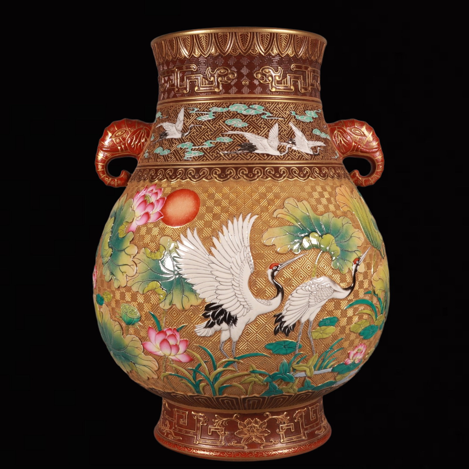 An Exquisite Enamel Gold Ground Flower and Crane Pattern Elephant-Ears Vase: An Exquisite Enamel Gold Ground Flower and Crane Pattern Elephant-Ears Vase,Qing Dynasty,China,Qianlong Six-character Mark,Size:11.4inx8.7in