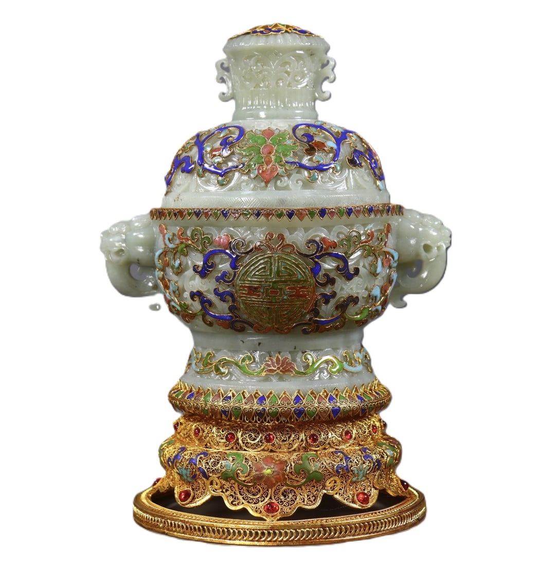 An Exquisite Filigree and Gilding Lotus Pattern Double-Ears Censer,Inlaid Gems: An Exquisite Filigree and Gilding Lotus Pattern Double-Ears Censer,Inlaid Gems,Qing Dynasty,China,Qianlong Four-character Mark,Size:9.3inx5.9inx5.5in,Weight:1414g 花丝鎏金Ņ