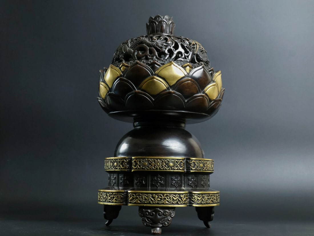 An Exquisite Gilt Bronze Lotus and Dragon Pattern Tripod Censer: An Exquisite Gilt Bronze Lotus and Dragon Pattern Tripod Censer,Qing Dynasty, China, Xuande Six-character Mark,Size:11inx6.3in,Weight:7400g 铜鎏金荷花龙纹