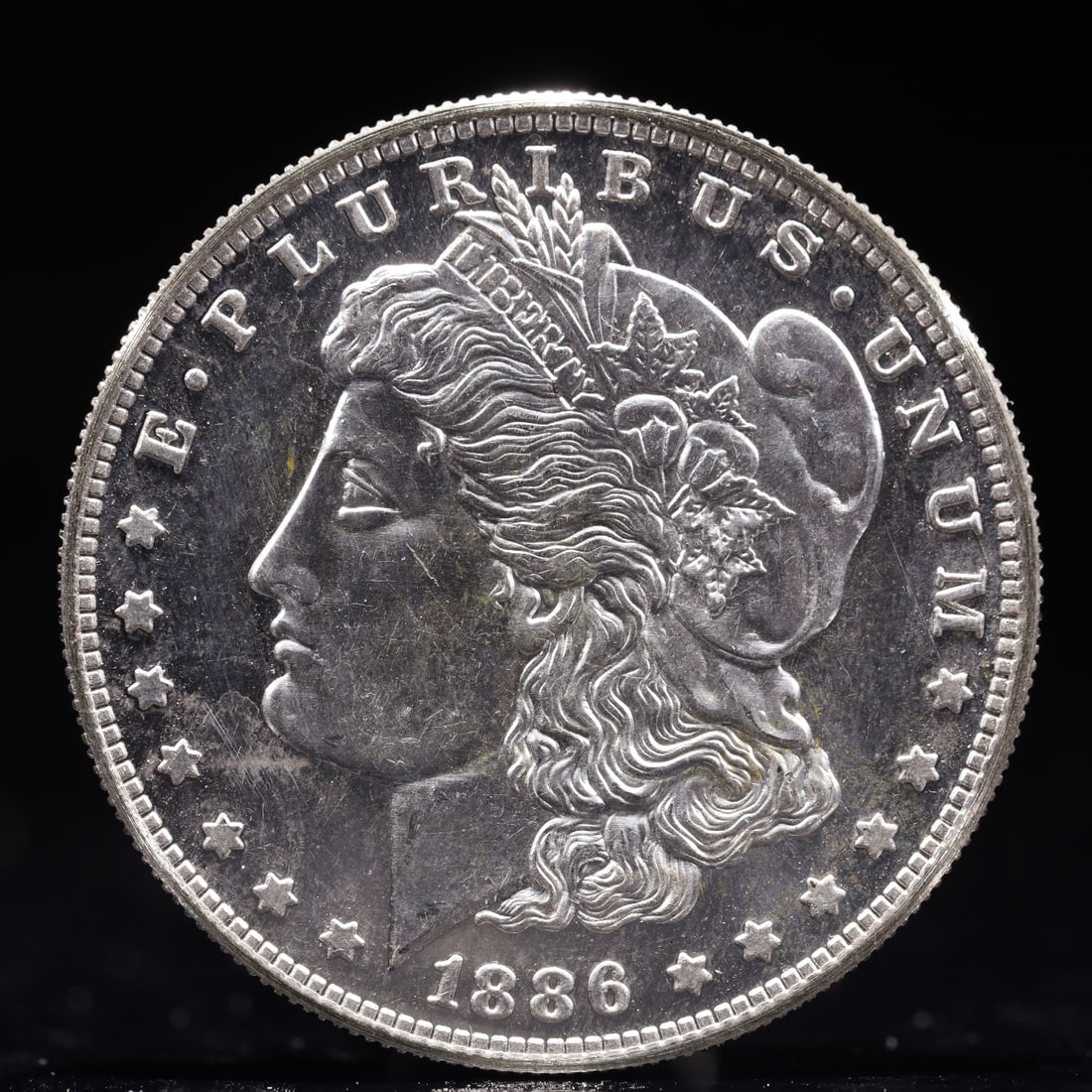 USA Morgan Dollar 1886 Coin: Obv: profile bust with date below and E PLURIBUS UNUM legend and stars around. Rev: eagle with In God we trust above within wreath with UNITED STATES OF AMERICA ONE DOLLAR legend. IN GOD WE TRUST / LI