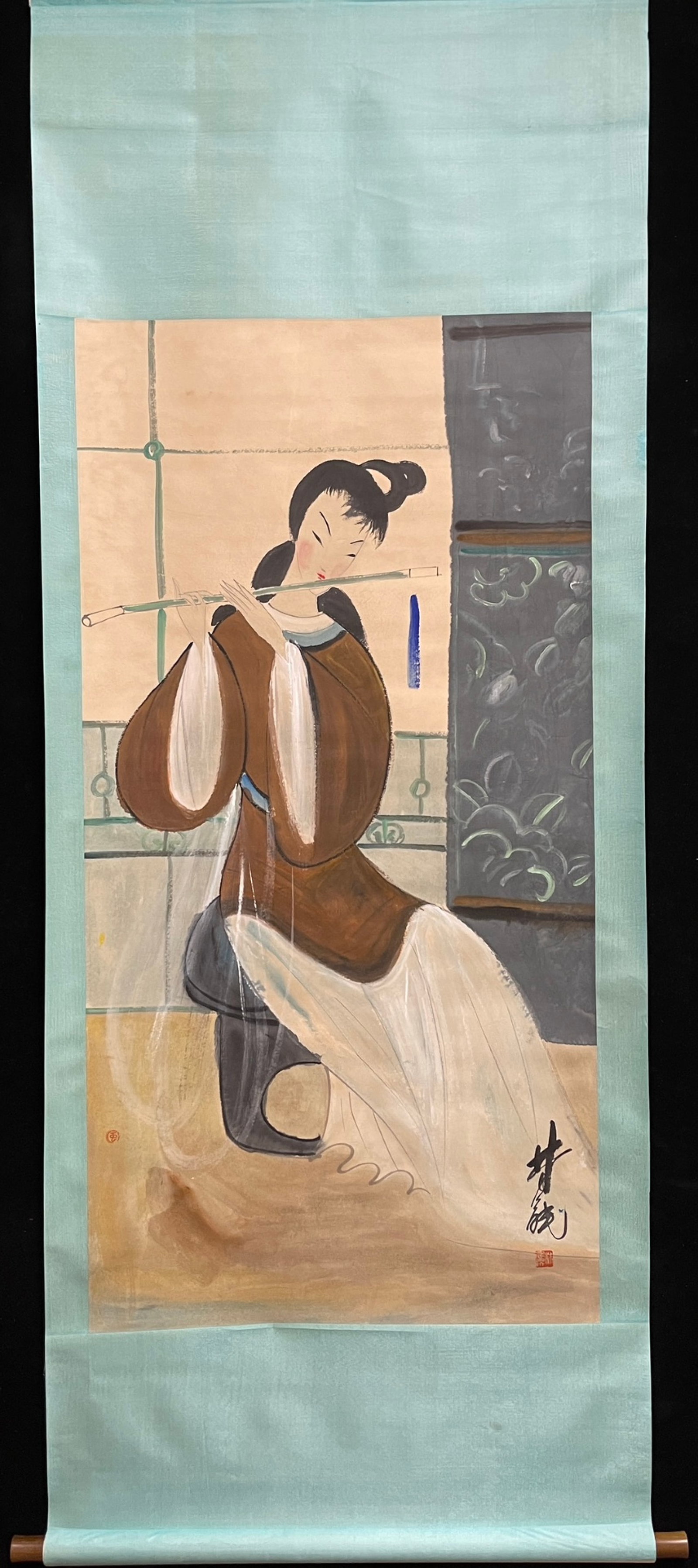 A Chinese Vertical Scroll Ink Painting of Figure on Paper: A Chinese Vertical Scroll Ink Painting of Figure on Paper,Lin Fengmian,Size:26.8inx53.9in 一幅中国水墨人物画立轴,林风İ