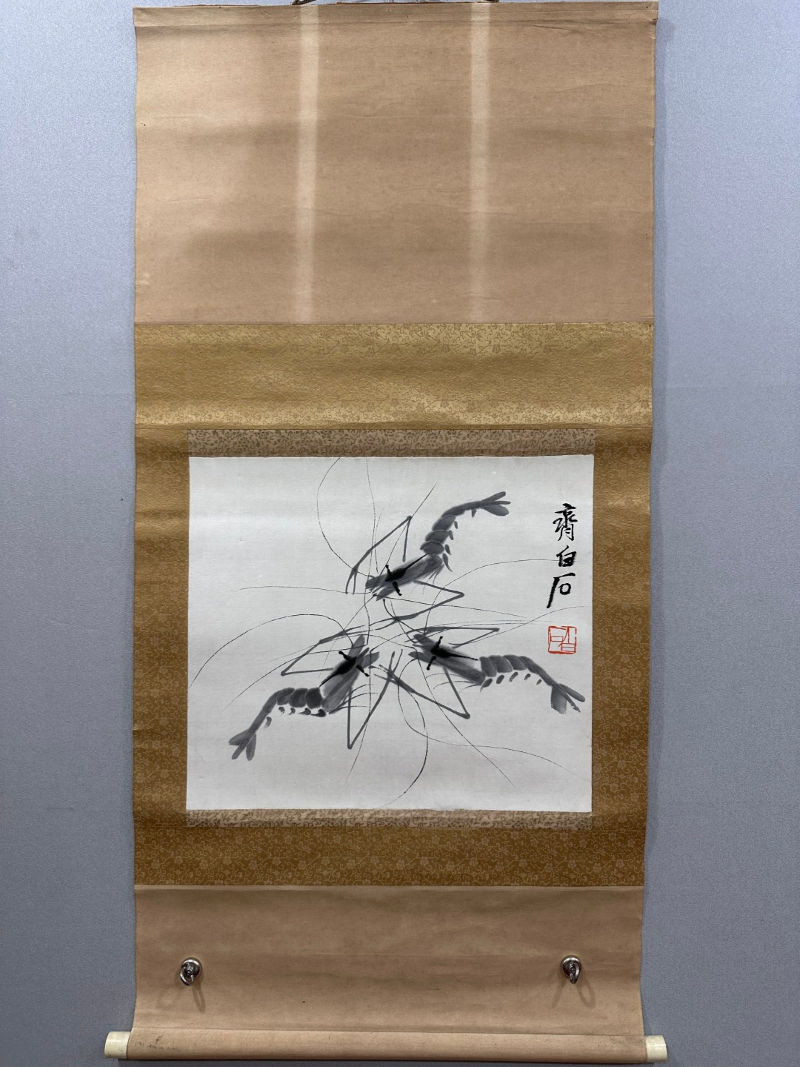 A Chinese Vertical Scroll Ink Painting of Shrimp on Paper: A Chinese Vertical Scroll Ink Painting of Shrimp on Paper,Qi Baishi,Size:19.3inx16.9in 一幅中国水墨虾画立轴,齐白石