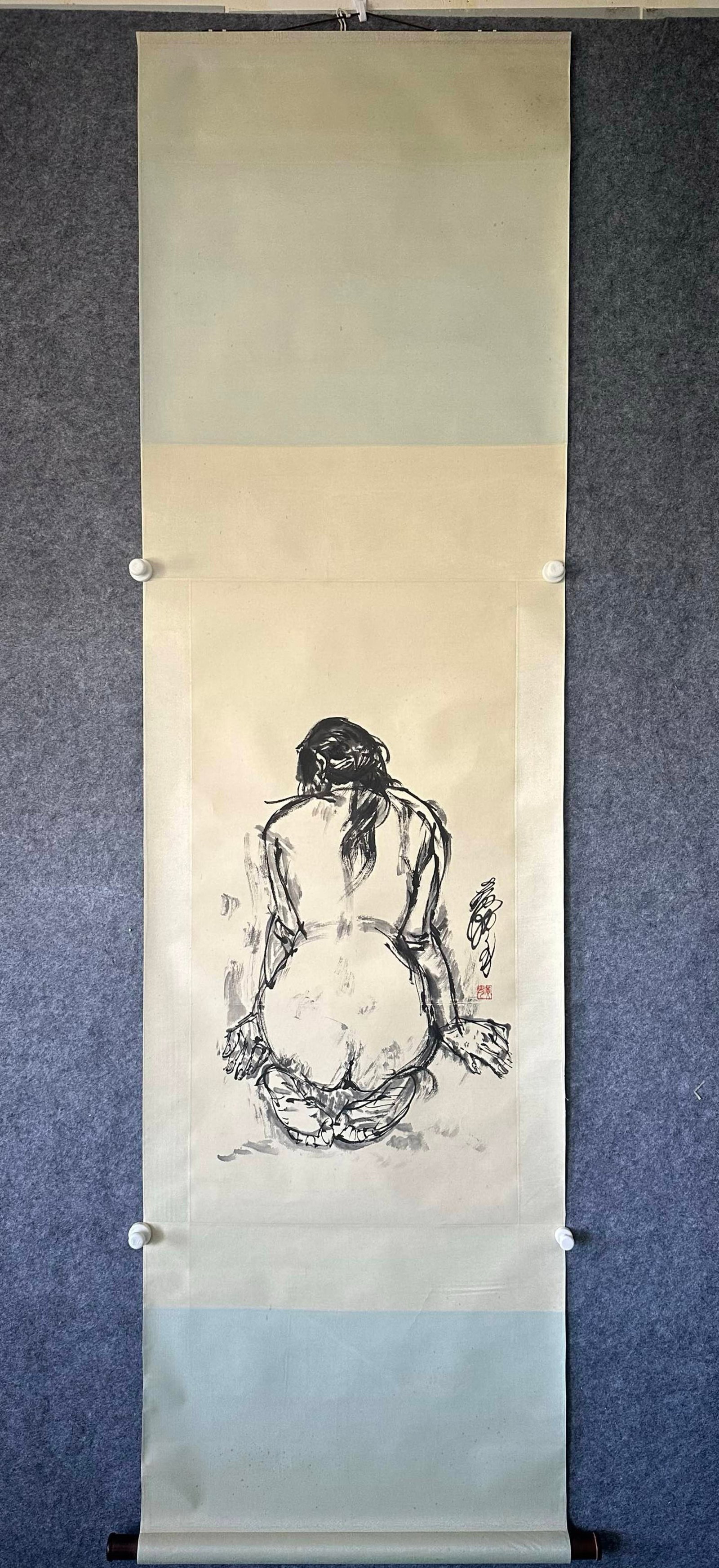 A Chinese Vertical Scroll Ink Painting of Figure on Paper: A Chinese Vertical Scroll Ink Painting of Figure on Paper,Huang Zhou,Size:19.1inx37.6in 一幅中国水墨人物画立轴,黄胄