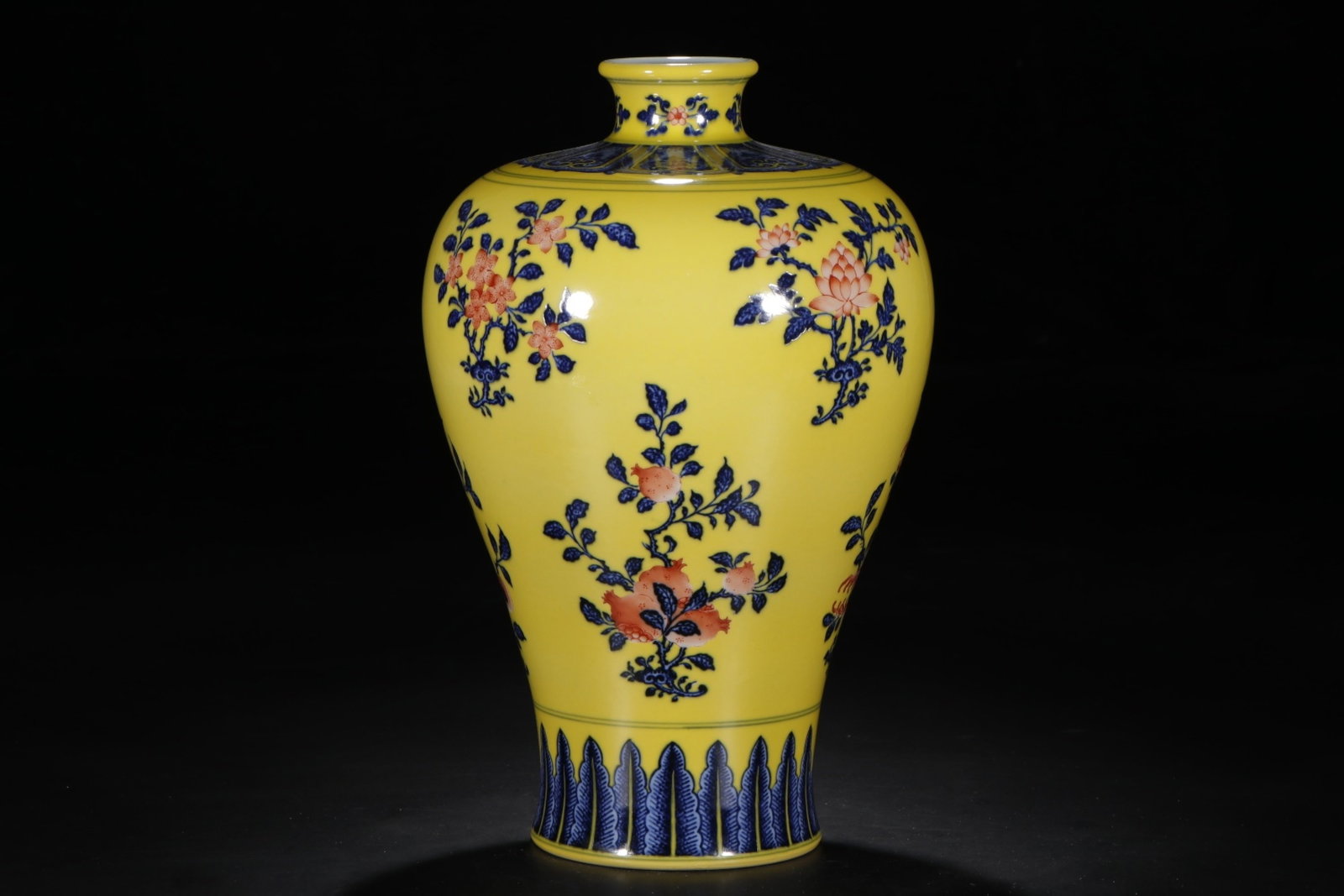 A Rare Yellow Ground Blue and White Iron-Red Flower and Fruit Pattern Vase: A Rare Yellow Ground Blue and White Iron-Red Flower and Fruit Pattern Vase,Qing Dynasty,China,Qianlong Six-character Mark,Size:14in