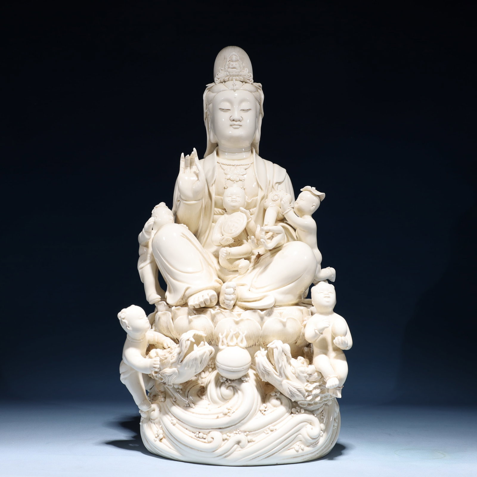 A Solemn Blance-De-Chine Statue of Avalokitesvara: A Solemn Blance-De-Chine Statue of Avalokitesvara Blance-De-Chine Statue of Avalokitesvara,Ming Dynasty,China,He Chaozong Mark,Size:10.2inx9.4inx20.5in,Weight:5700g