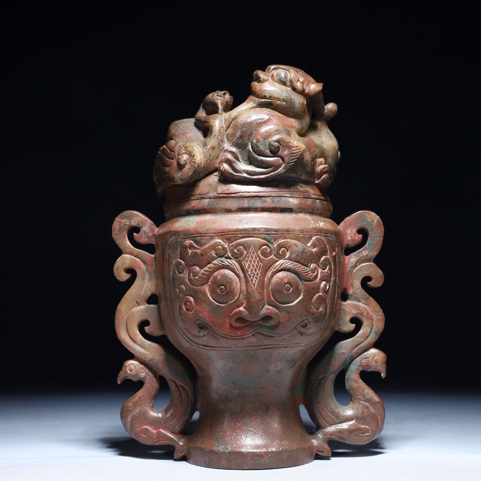 An Archaic Archaic Jade Beast-Face Pattern Double-Ears Bottle: An Archaic Archaic Jade Beast-Face Pattern Double-Ears Bottle,Ancient Time,China,Size:5.9inx4.1inx8.3in,Weight:2250g