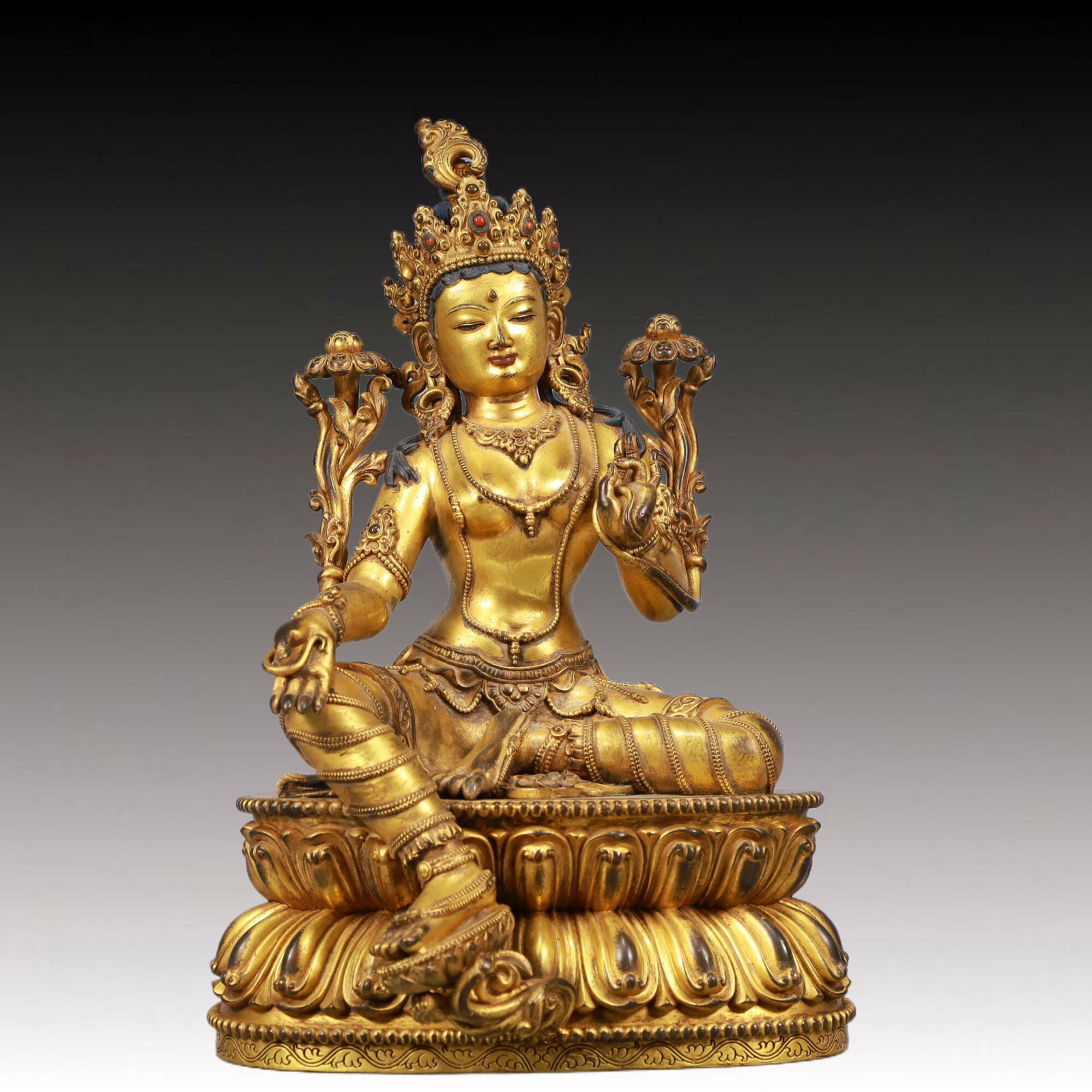 A Solemn Gilt Bronze Statue of Tara, Inlaid Gems: A Solemn Gilt Bronze Statue of Tara, Inlaid Gems, Qing Dynasty, China, Qianlong Mark, Size:7.9inx6.7inx12in, Weight:3400g