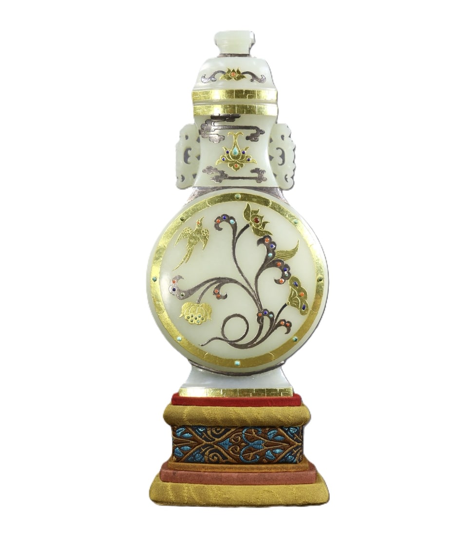 An Exquisite White Jade Inlaid Gold and Silver Flower and Bird Pattern Double-Ears Bottle (1 of 9)