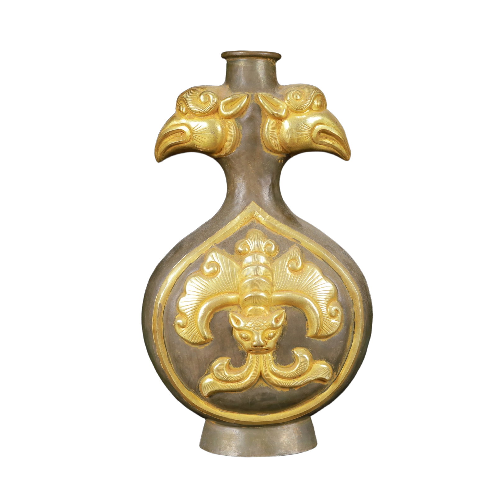 An Exquisite Gilt Silver Beast-Face Pattern Phoenix-Ears Vase: An Exquisite Gilt Silver Beast-Face Pattern Phoenix-Ears Vase,Tang Dynasty,China,Zhenguan Four-Character Mark,Size:4.7inx3.1inx8.7in,Weight:400g