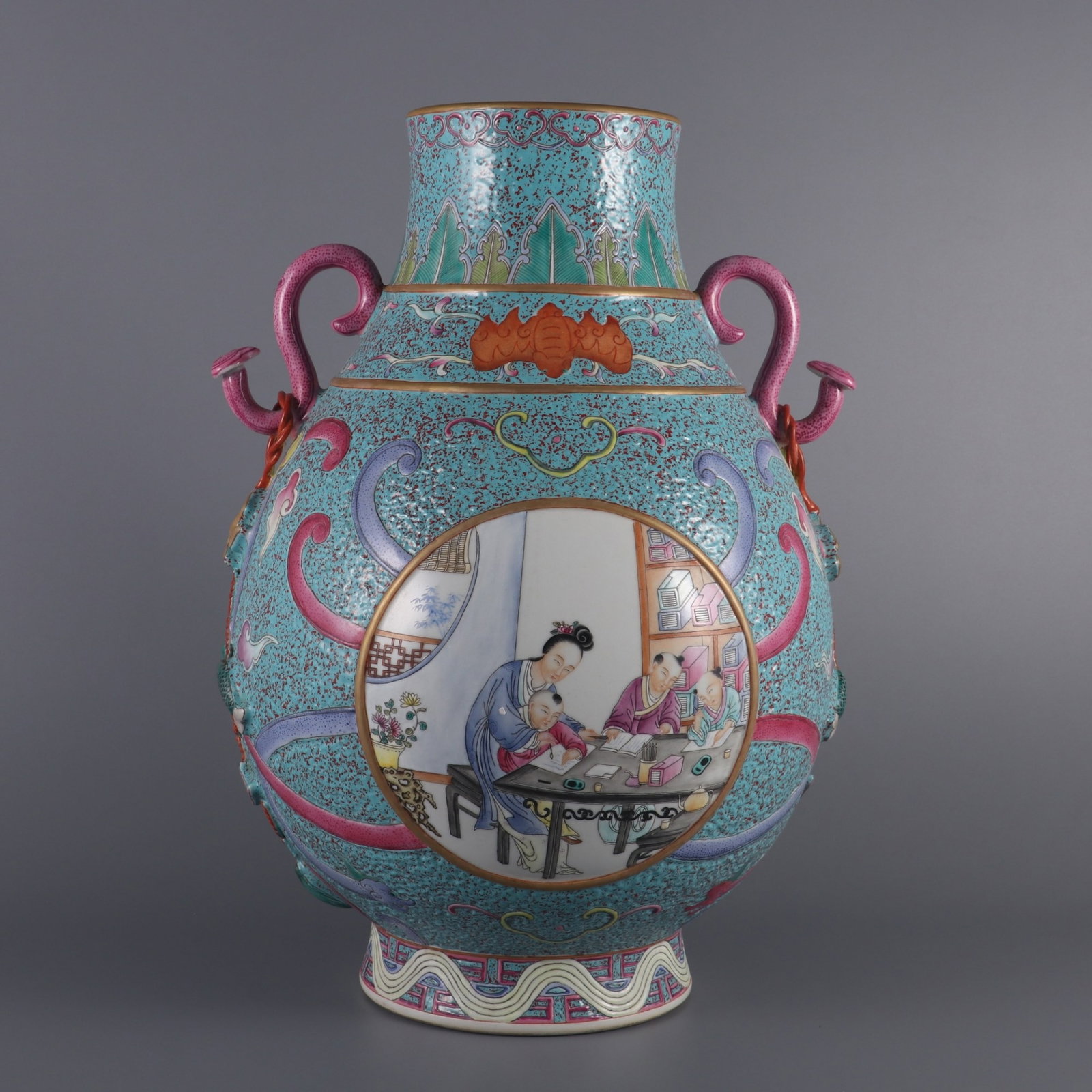 A Rare Robin's-Egg-Glazed Famille-Rose Painted Gold Character and Story Pattern Double-Ears Vase (1 of 10)
