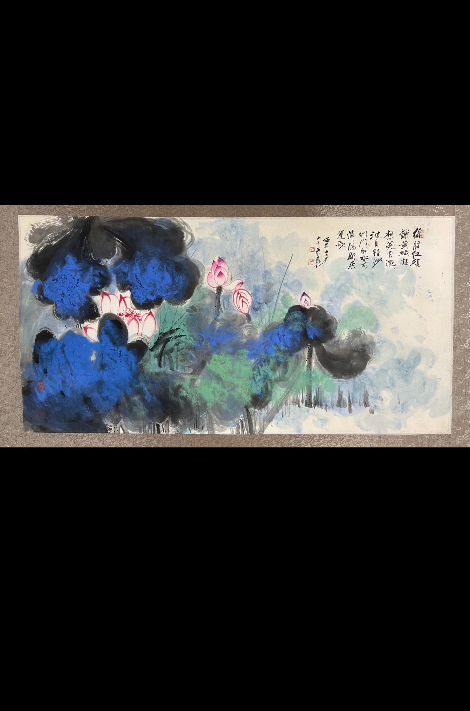A Chinese Ink Painting of Lotus on Paper: A Chinese Ink Painting of Lotus on Paper,Zhang Daqian,Size:26.8inx53.9in 一幅中国水墨荷花画,张大千