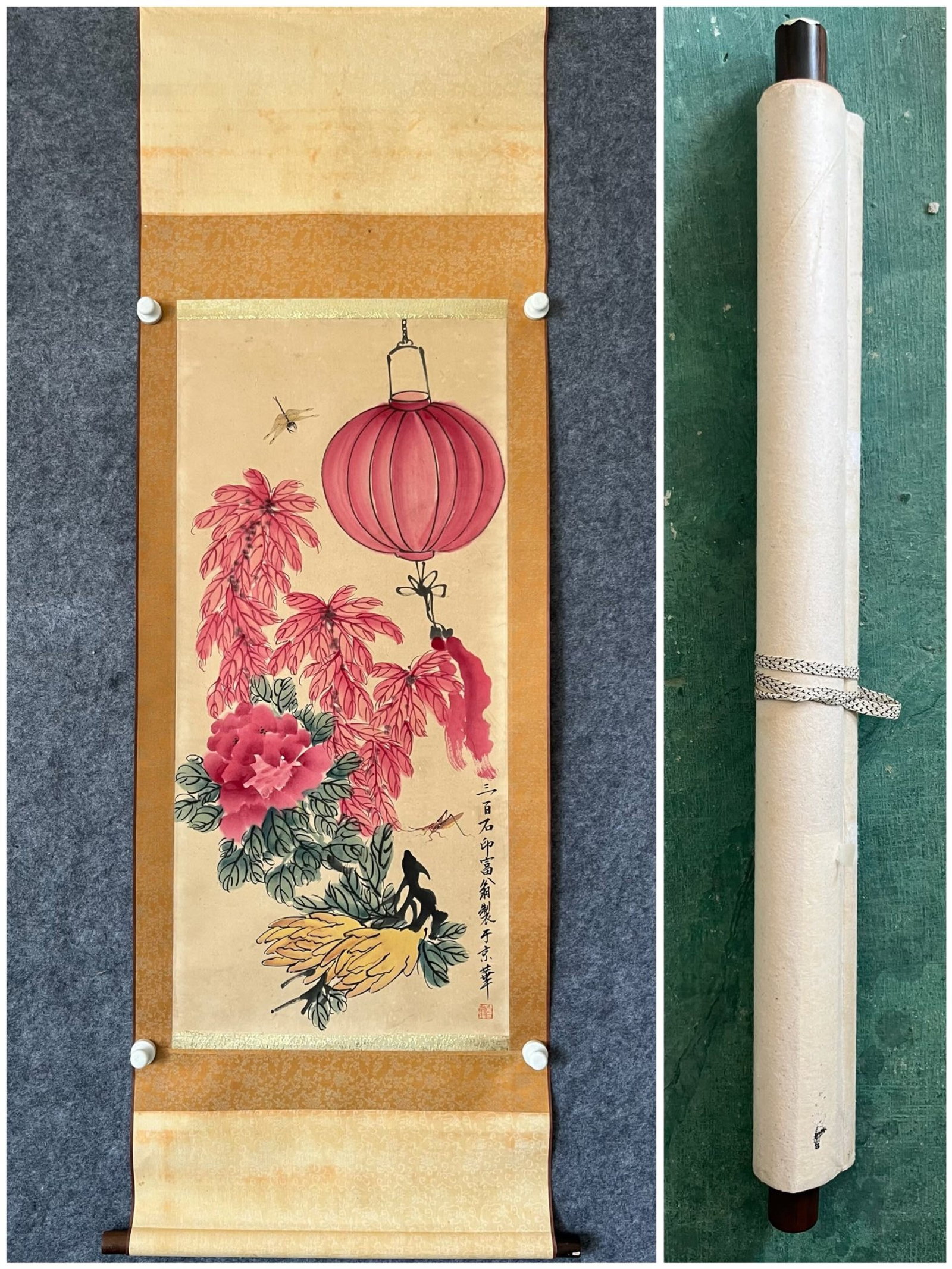 A Chinese Vertical Scroll Ink Painting of Flower on Paper: A Chinese Vertical Scroll Ink Painting of Flower on Paper,Qi Baishi,Size:17.7inx38.6in 一幅中国水墨花卉画立轴,齐白石
