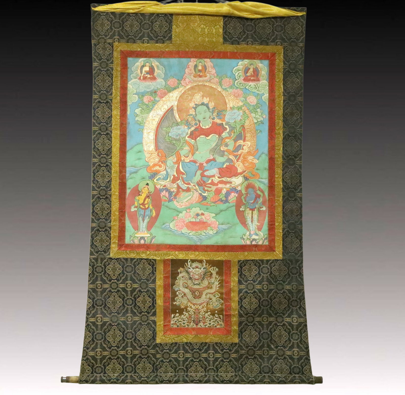 A Rare Brocade Painted Color Statue of Green Tara Tangka: A Rare Brocade Painted Color Statue of Green Tara Tangka,Qing Dynasty, China,Size:37.4inx62.2in
