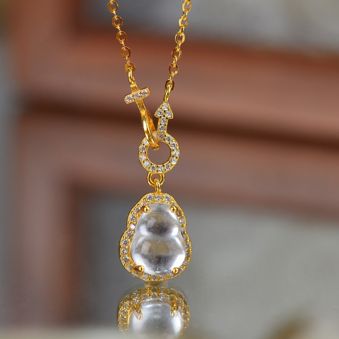 An Exquisite Sterling Silver-Gold Plated Inlaid Jadeite Gourd Pendant,Inlaid Diamond (1 of 5)