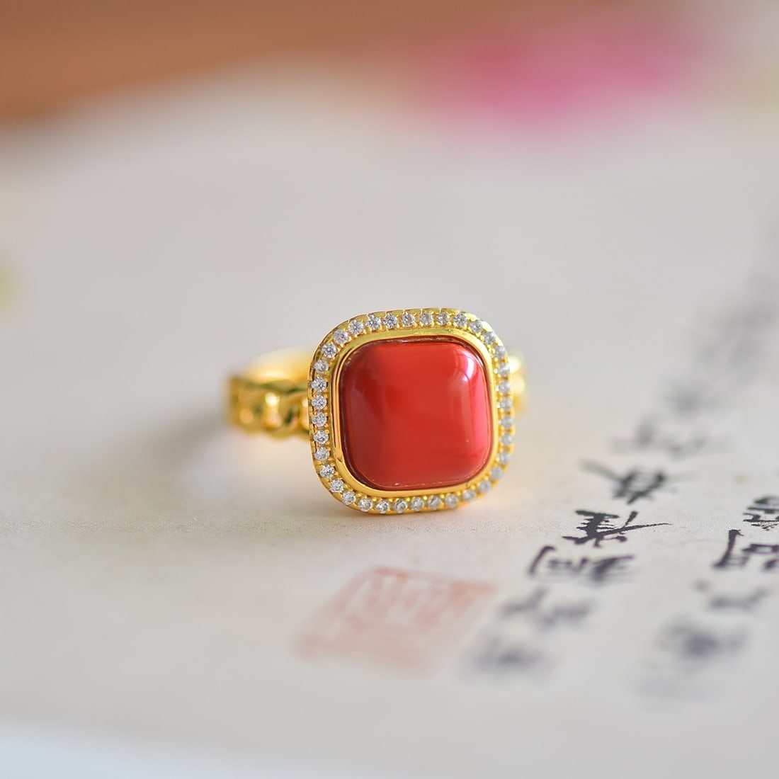 An Exquisite Sterling Silver-Gold Plated Inlaid Cinnabar Ring,Inlaid Diamond: An Exquisite Sterling Silver-Gold Plated Inlaid Cinnabar Ring,Inlaid Diamond,Size:0.4inx0.4in 寓意:四方合意福寿