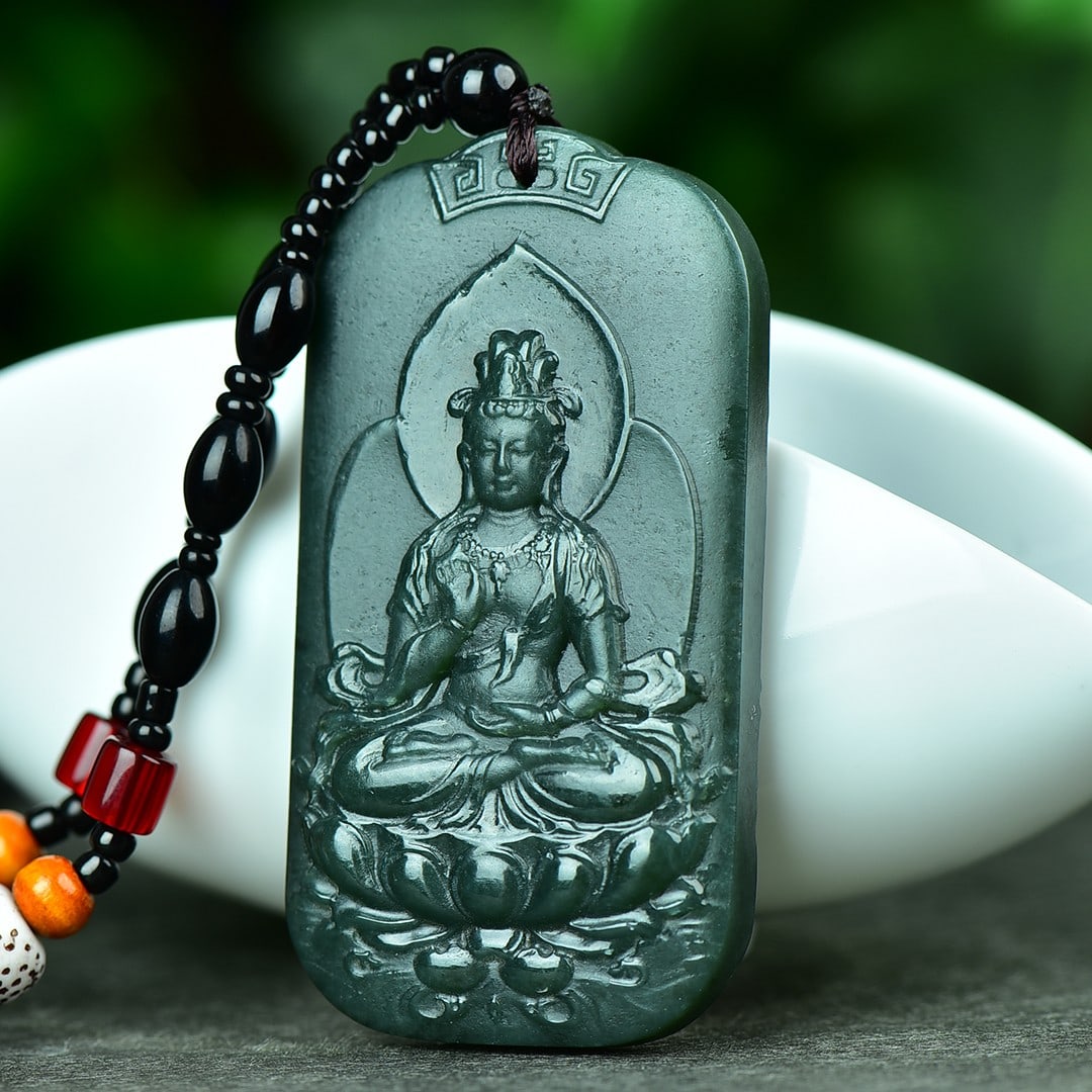 An Exquisite Sapphire Landscape and Avalokitesvara Pattern Pendant: An Exquisite Sapphire Landscape and Avalokitesvara Pattern Pendant,Size:1.3inx2.6in 寓意:吉祥 保平安 青玉山水观音像&