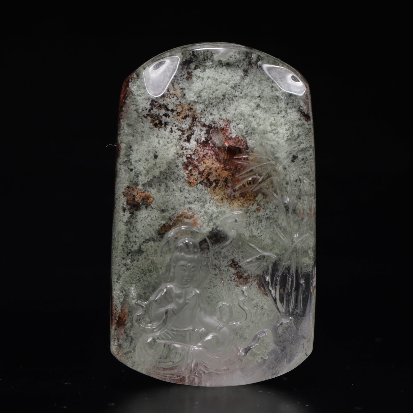 An Exquisite Crystal Statue of Avalokitesvara Pendant: An Exquisite Crystal Statue of Avalokitesvara Pendant,Size:1.6inx0.6inx2.8in,Weight:91g 水晶观音挂件
