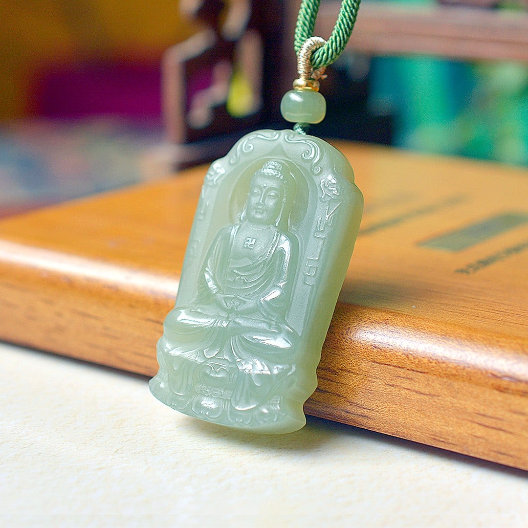 An Exquisite Greenish Jade Statue of Sakyamuni Pendant: An Exquisite Greenish Jade Statue of Sakyamuni Pendant,Size:1.2inx2.1in 青玉释迦摩尼像挂件