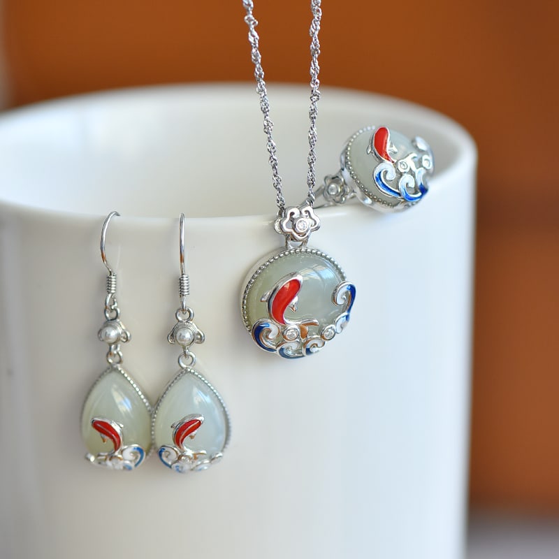 A Set of Fine Sterling Silver Inlaid White Jade Jewelry,Inlaid Diamond (1 of 5)