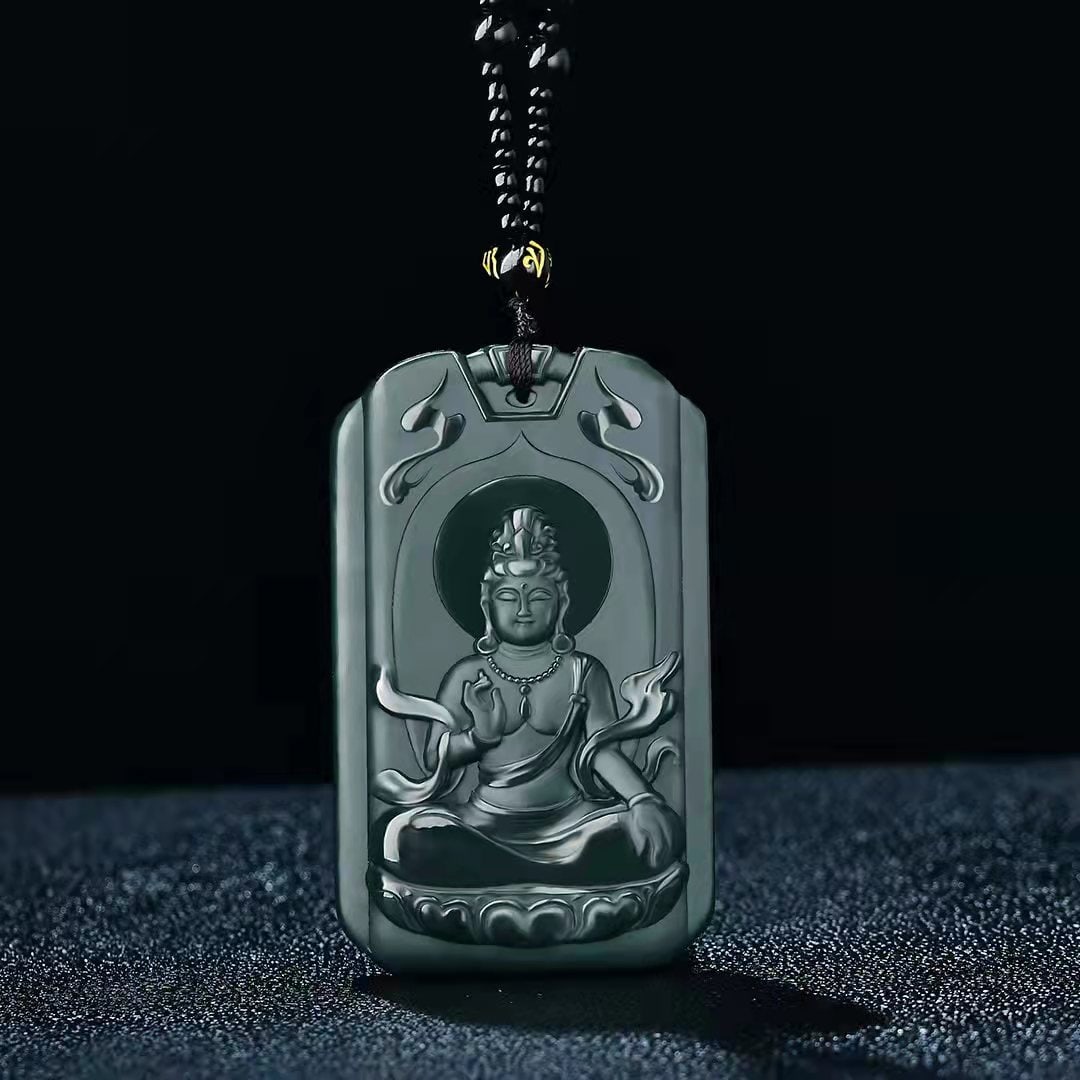 An Exquisite Sapphire Landscape and Avalokitesvara Pattern Pendant: An Exquisite Sapphire Landscape and Avalokitesvara Pattern Pendant,Size:1.6inx2.7in (寓意)寓意吉祥 玉脂温润 青玉山水