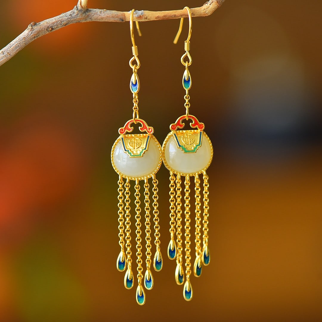 A Pair of Exquisite Sterling Silver-Gold Plated Inlaid White Jade Enamel Earrings: A Pair of Exquisite Sterling Silver-Gold Plated Inlaid White Jade Enamel Earrings 一对纯银镀金镶白玉珐琅耳环