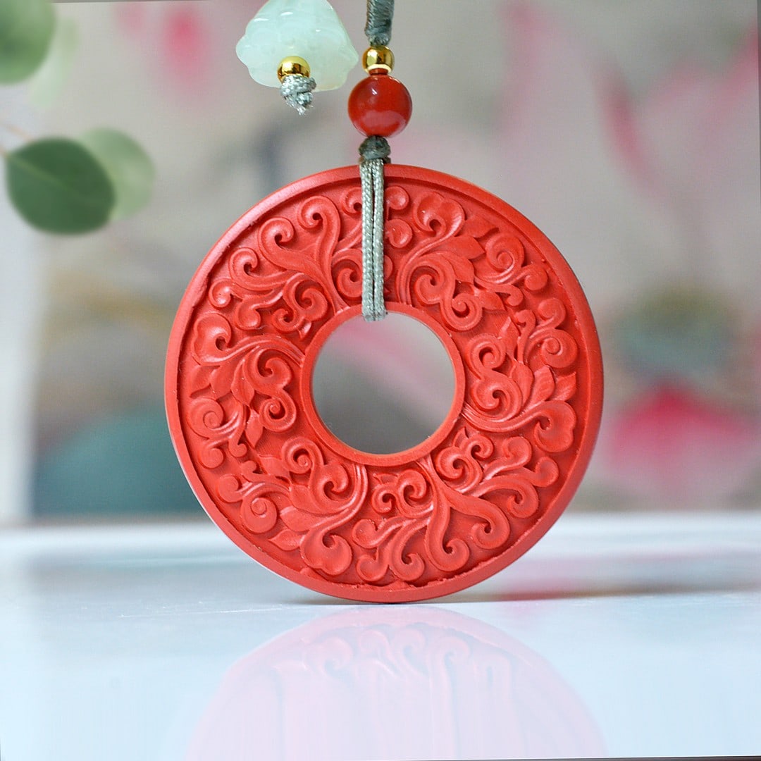 An Exquisite Cinnabar Flower Pattern Pendant: An Exquisite Cinnabar Flower Pattern Pendant,Size:1.6inx1.6in,Weight:31g 朱砂花卉纹挂件