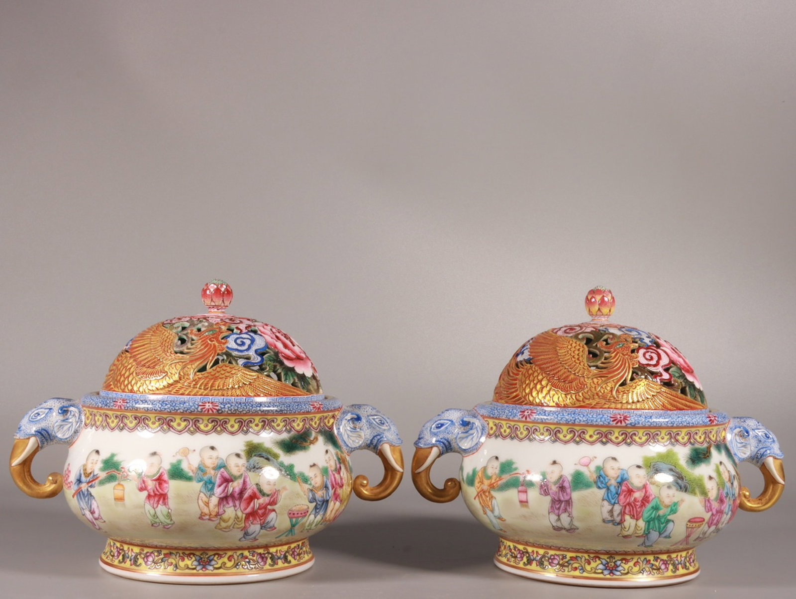 A Pair of Exquisite Enamel Painted Gold Figure and Phoenix Pattern Elephant-Ears Censers: A Pair of Exquisite Enamel Painted Gold Figure and Phoenix Pattern Elephant-Ears Censers,Qing Dynasty, China,Qianlong Four-character Mark,Size:4.7inx5.5in