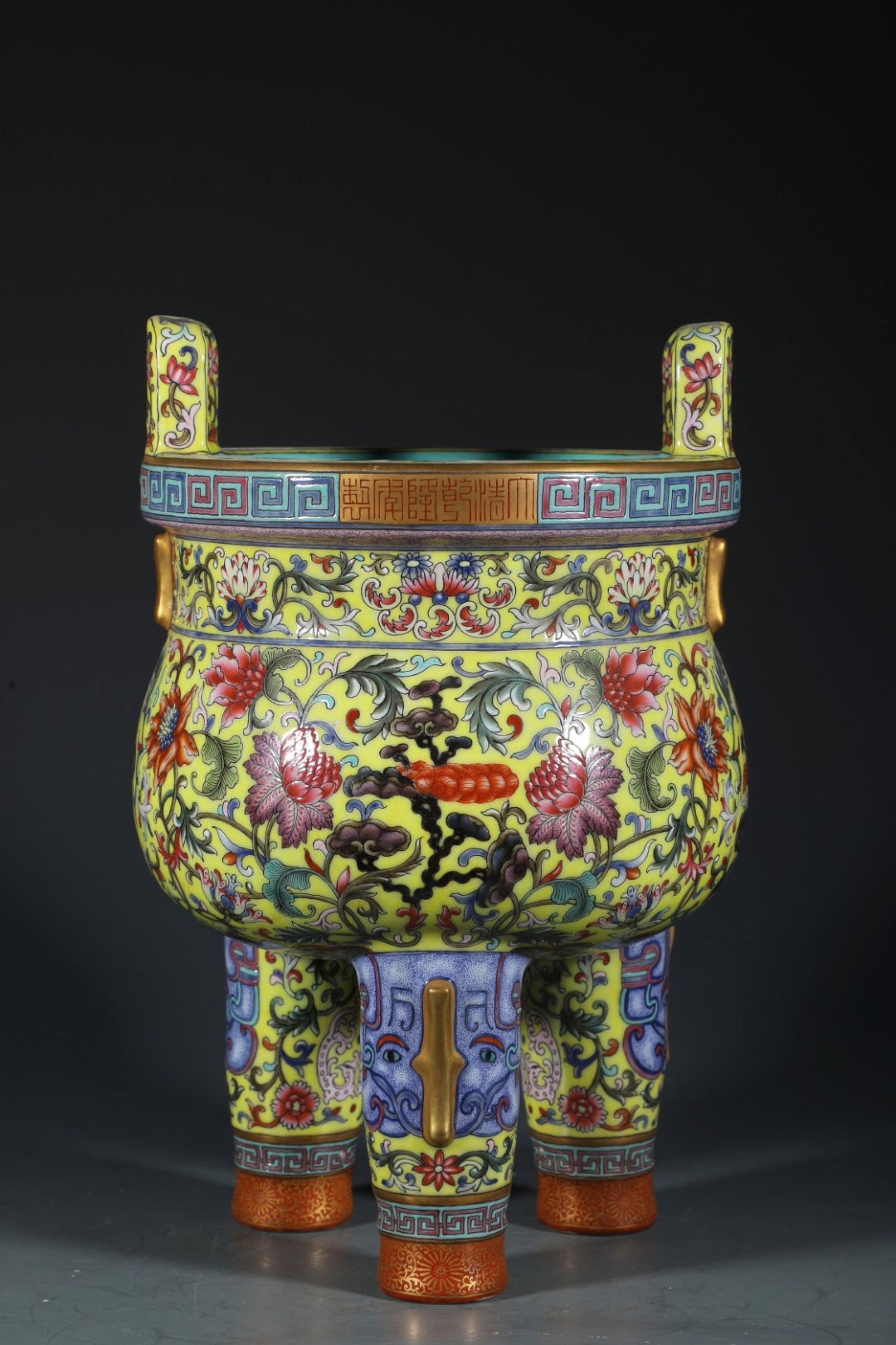 A Rare Yellow Ground Enamel Painted Gold Lotus Pattern Double-Ears Tripod Censer: A Rare Yellow Ground Enamel Painted Gold Lotus Pattern Double-Ears Tripod Censer,Qing Dynasty,China,Qianlong Six-character Mark,Size:12.4inx8.7in