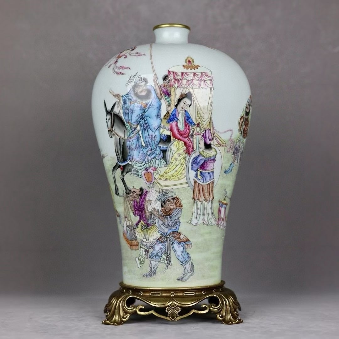 A Huge Famille-Rose Painted Gold Inlaid Bronze Figure Pattern Vase,with poem: A Huge Famille-Rose Painted Gold Inlaid Bronze Figure Pattern Vase,with poem,Qing Dynasty,China,Qianlong Six-character Mark,Size:17.1inx2.3inx8.7inx8.1in