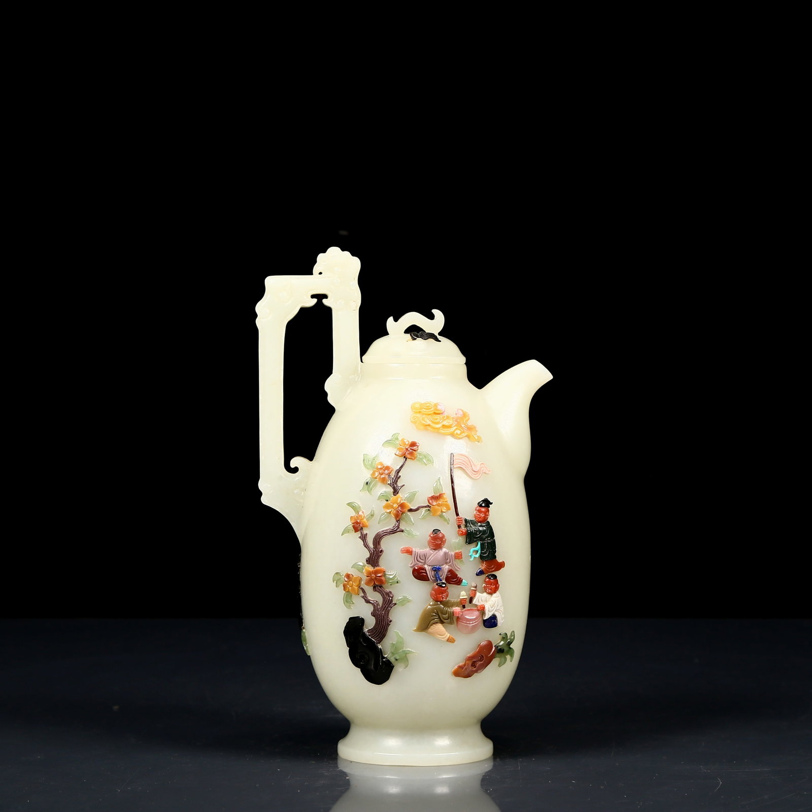 An Exquisite White Jade Inlaid Gems Character and Story Pattern Phoenix Handle Ewer: An Exquisite White Jade Inlaid Gems Character and Story Pattern Phoenix Handle Ewer,Qing Dynasty, China,Qianlong Four-character Mark,Size:4.7inx3.5inx7.9in,Weight:580g