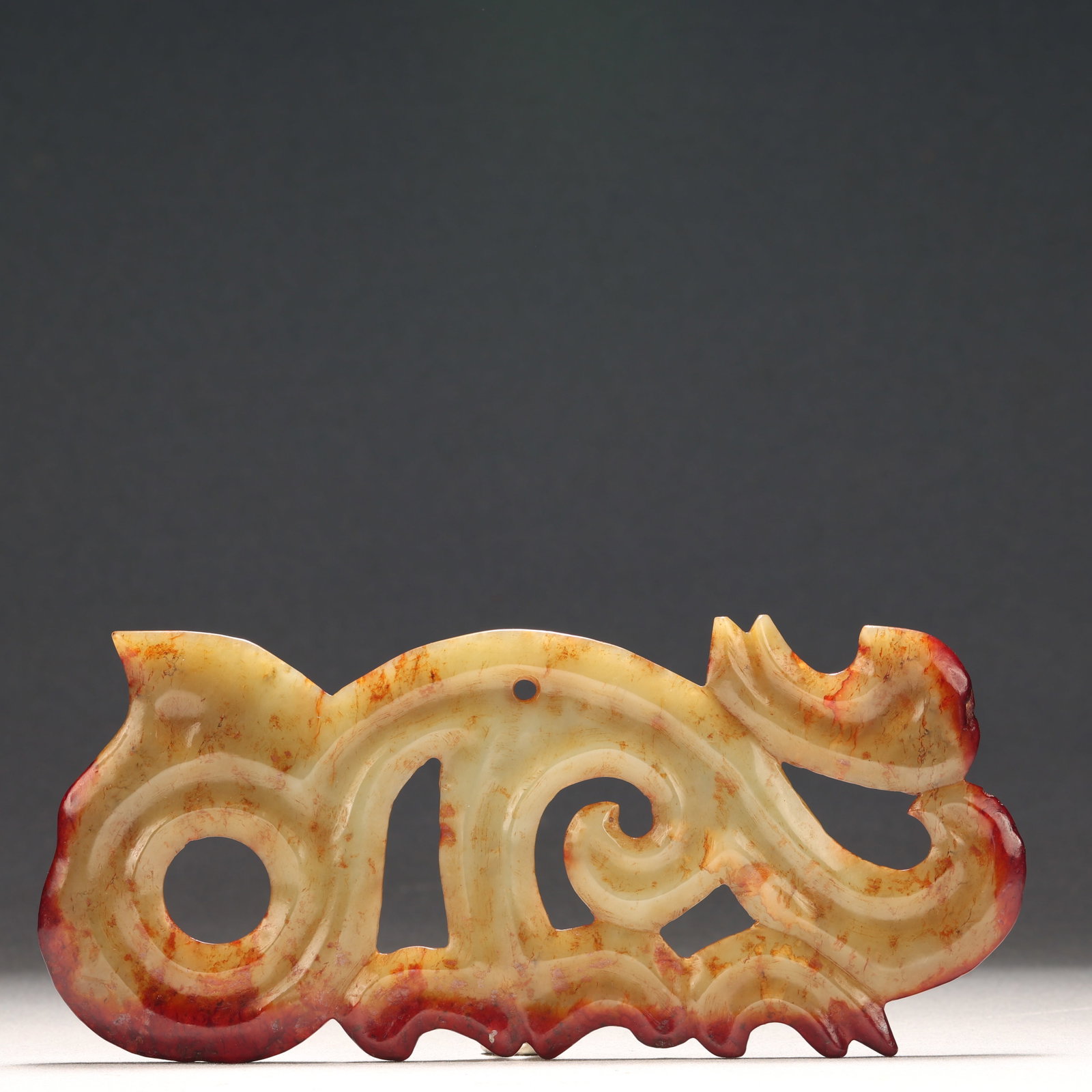 Hongshan Culture White Jade Auspicious Cloud Pattern Ornament: Hongshan Culture White Jade Auspicious Cloud Pattern Ornament, Ancient Time, China, Size:7.3inx3.1in 红山文化白玉祥云纹摆件,