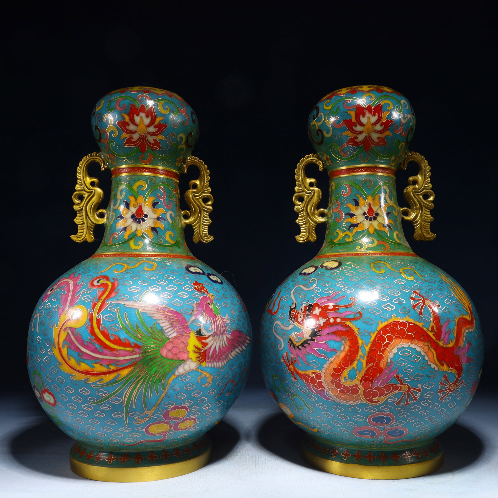 A Pair of Exquisite Cloisonne Dragon and Phoenix Pattern Double-Ears Vases (1 of 9)