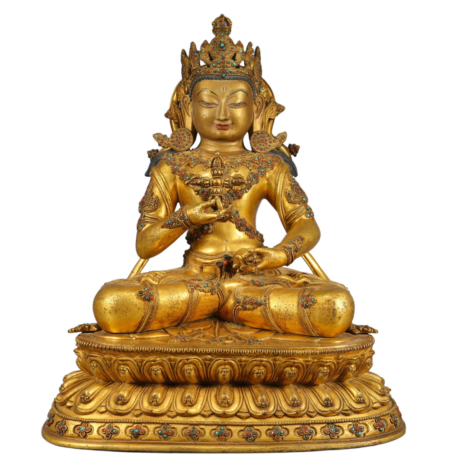 A Solemn Gilt Bronze Statue of Vajra,Inlaid Gems and Turquoise: A Solemn Gilt Bronze Statue of Vajra,Inlaid Gems and Turquoise,Qing Dynasty, China,Size:12.2inx9.1inx15.7in,Weight:12250g 铜鎏金金刚像,嵌宝石Ņ