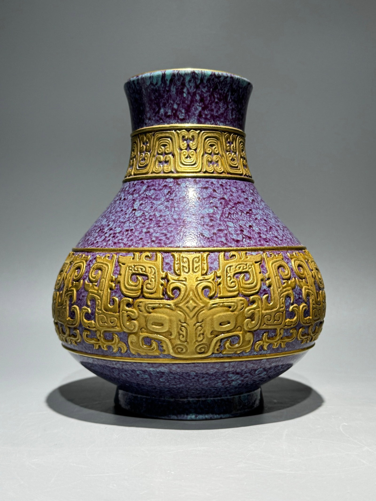 An Exquisite Robin's-Egg-Glazed Painted Gold Beast-Face Pattern Vase (1 of 9)
