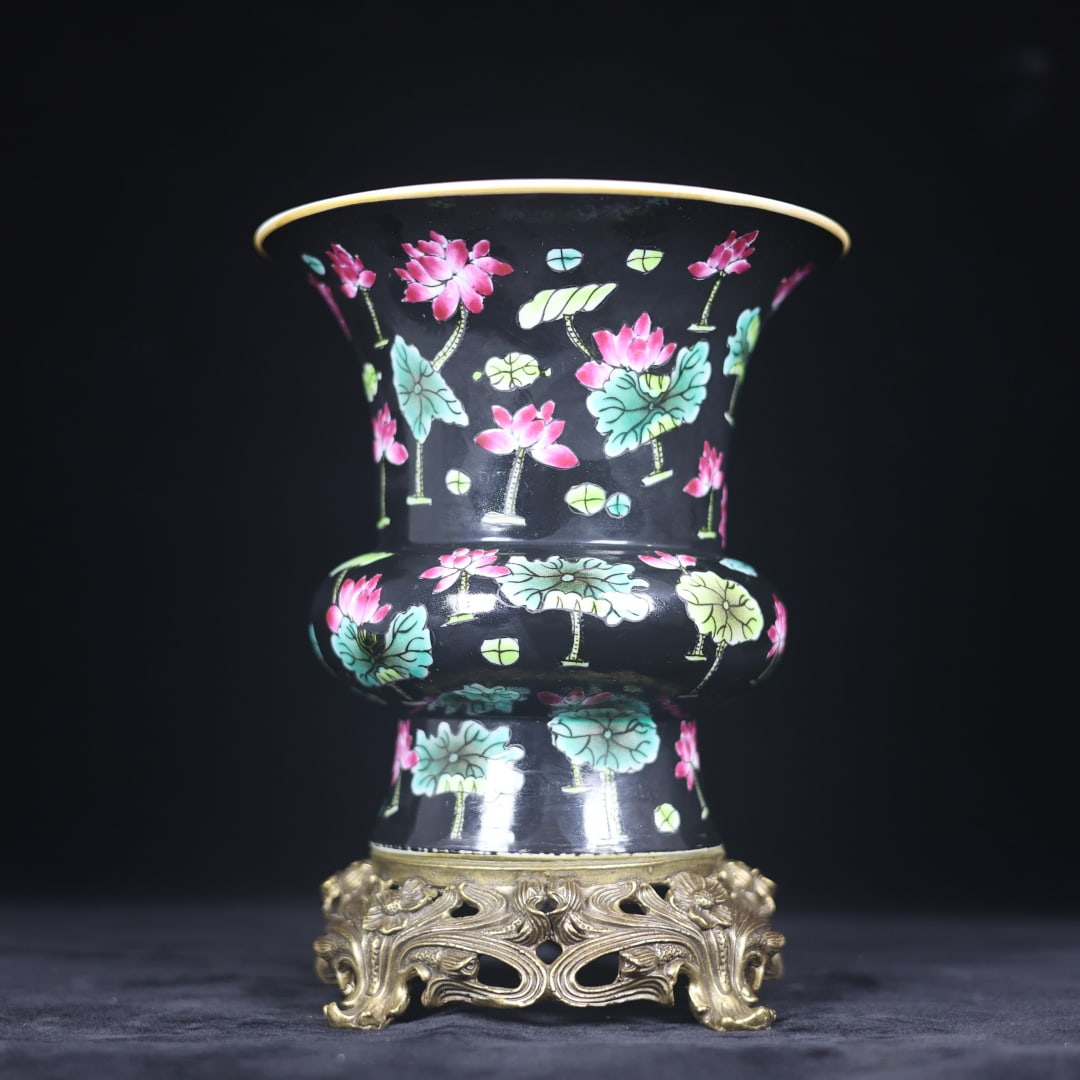 An Exquisite Black Ground Famille-Rose Inlaid Bronze Lotus Pattern Jar: An Exquisite Black Ground Famille-Rose Inlaid Bronze Lotus Pattern Jar,Qing Dynasty,China,Kangxi Six-character Mark,Size:8.3inx6.4inx4.9in